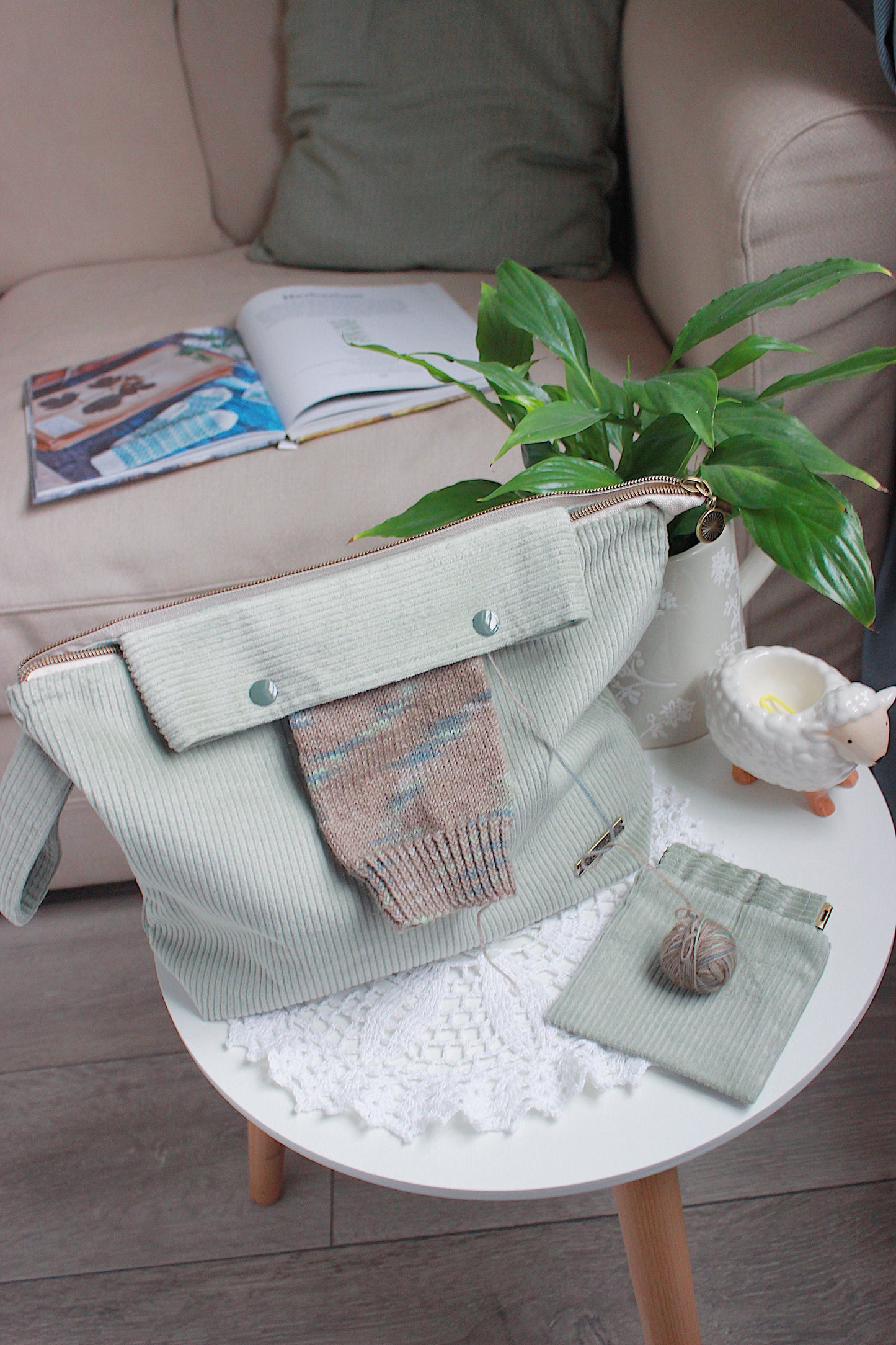 Handmade To Order Sage Green Corduroy Knitting Project Bag with Built-in Needle Holder & Matching Squeeze Purse