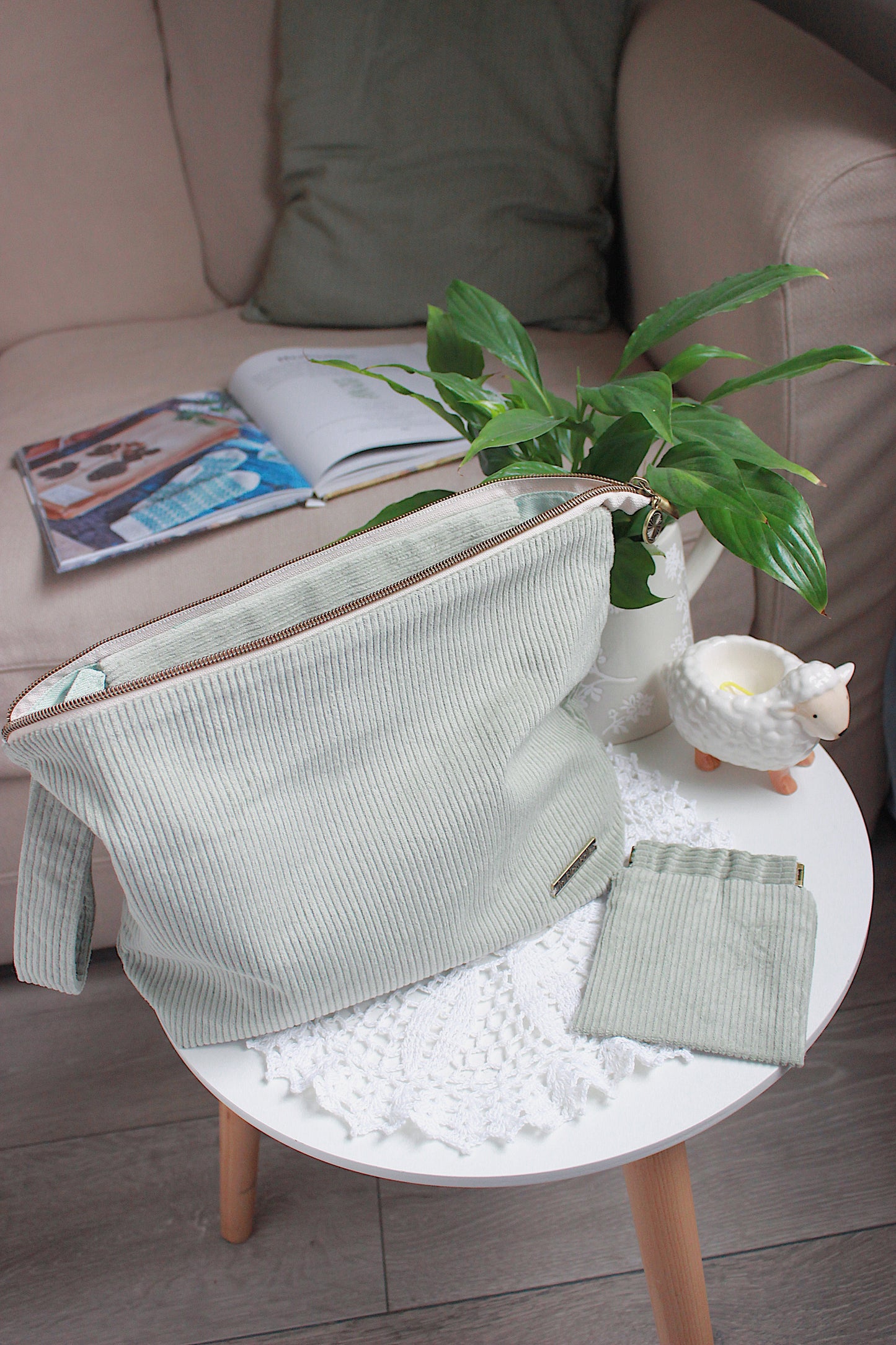 Handmade To Order Sage Green Corduroy Knitting Project Bag with Built-in Needle Holder & Matching Squeeze Purse