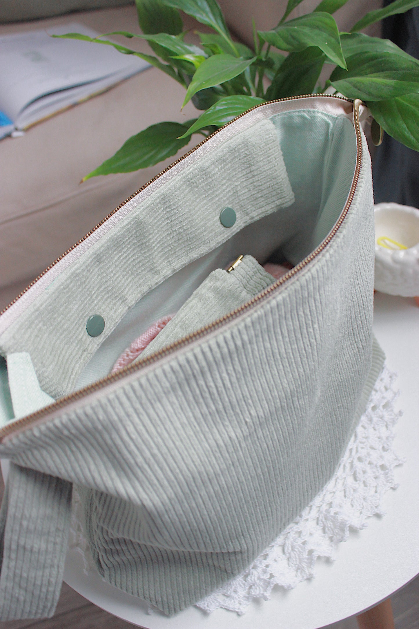 Handmade To Order Sage Green Corduroy Knitting Project Bag with Built-in Needle Holder & Matching Squeeze Purse