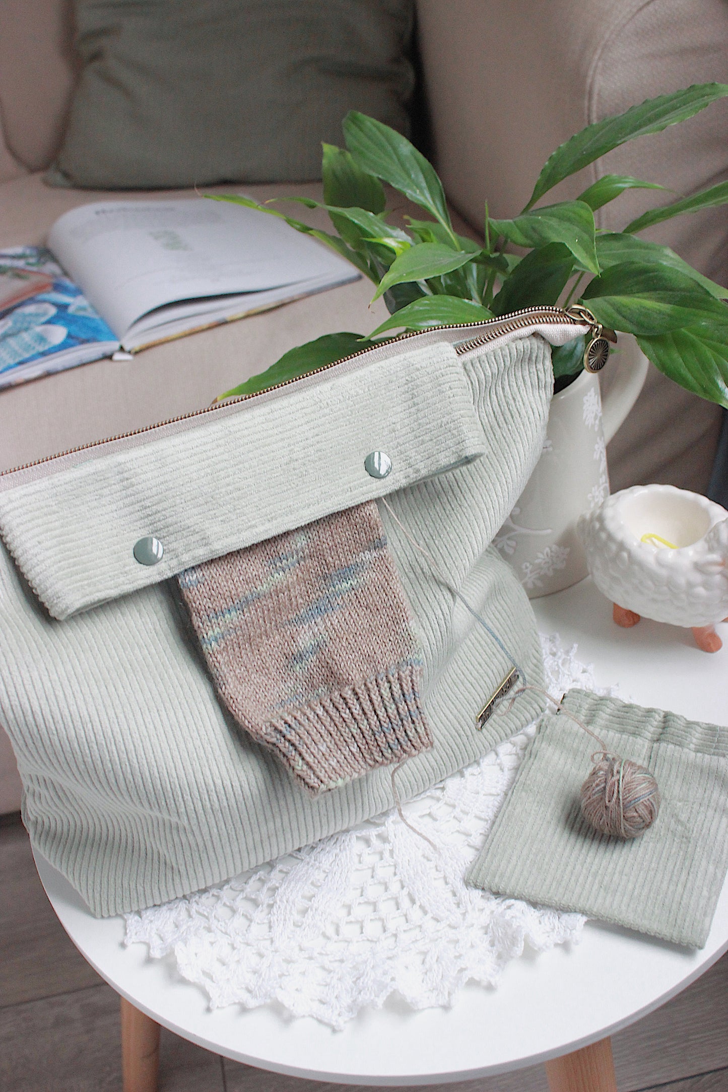 Handmade To Order Sage Green Corduroy Knitting Project Bag with Built-in Needle Holder & Matching Squeeze Purse