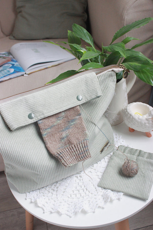Handmade To Order Sage Green Corduroy Knitting Project Bag with Built-in Needle Holder & Matching Squeeze Purse