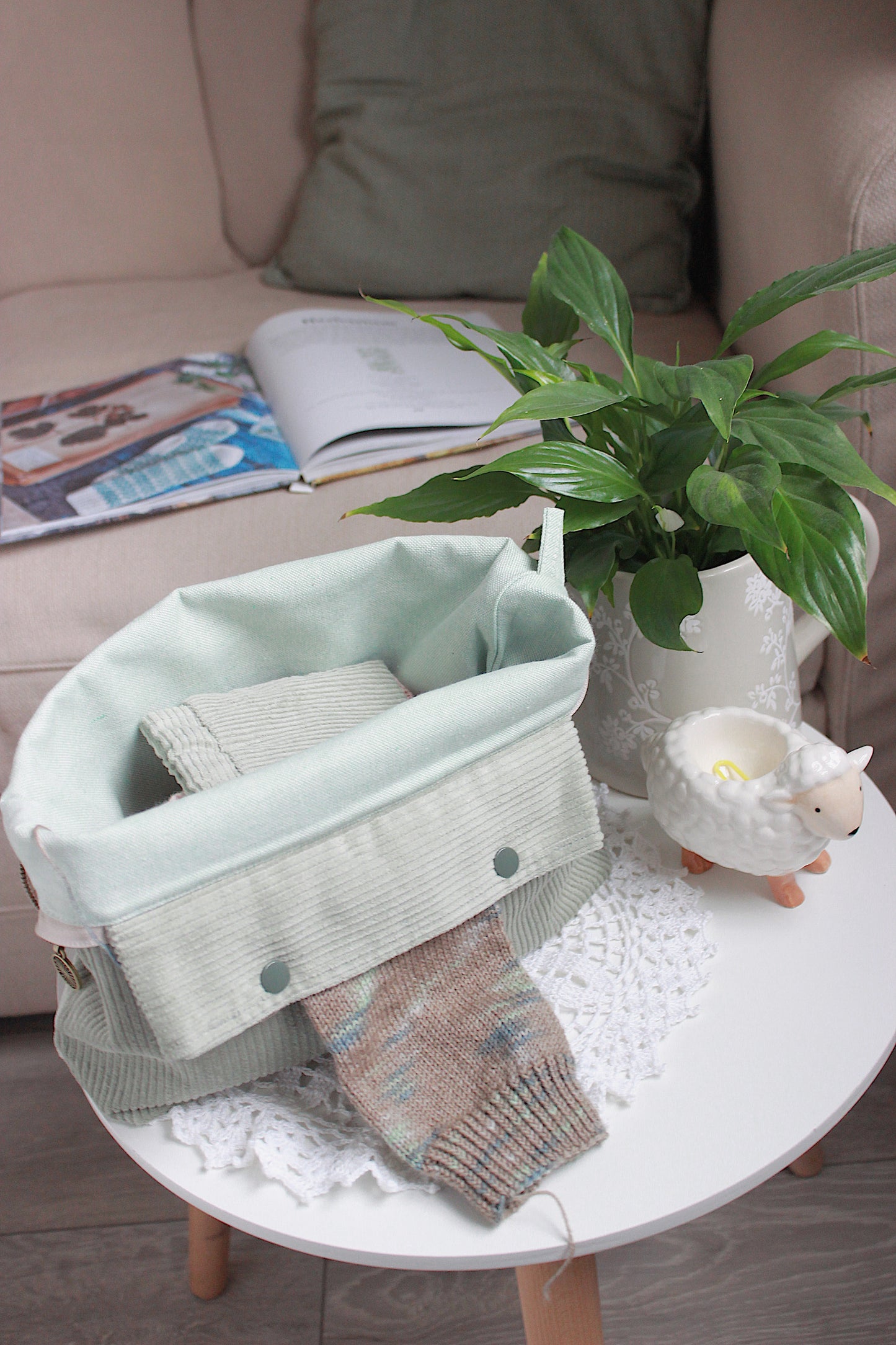 Handmade To Order Sage Green Corduroy Knitting Project Bag with Built-in Needle Holder & Matching Squeeze Purse