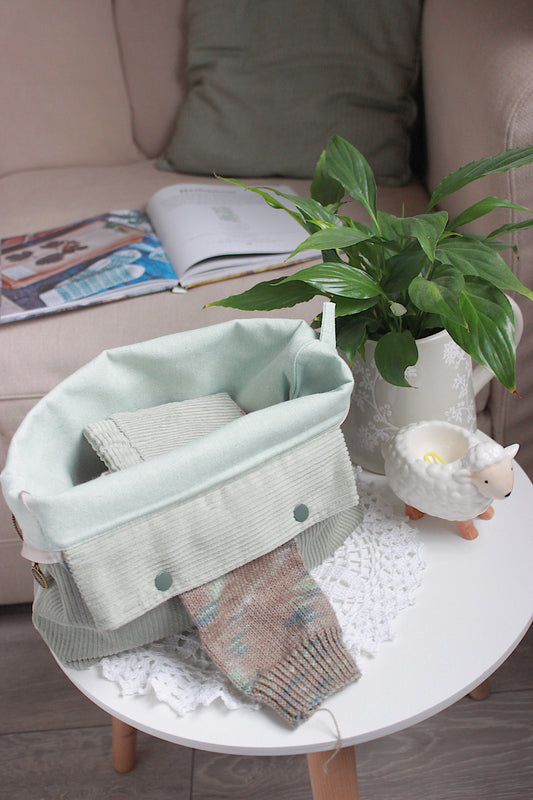 Handmade To Order Sage Green Corduroy Knitting Project Bag with Built-in Needle Holder & Matching Squeeze Purse