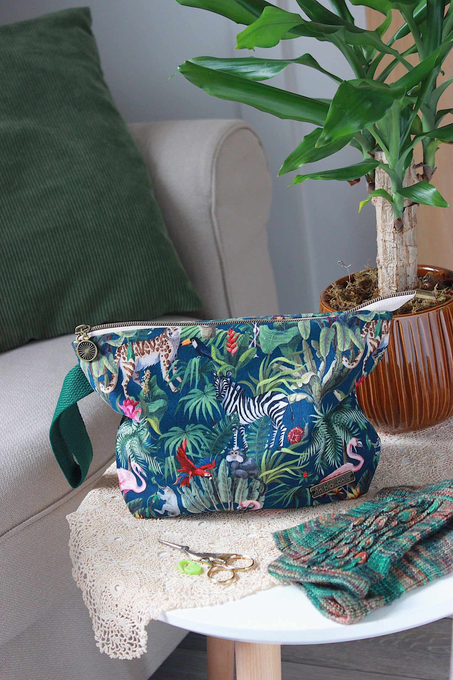 Jungle Print Green Needlecord Knitting Project Bag with Built-in DPN Holder