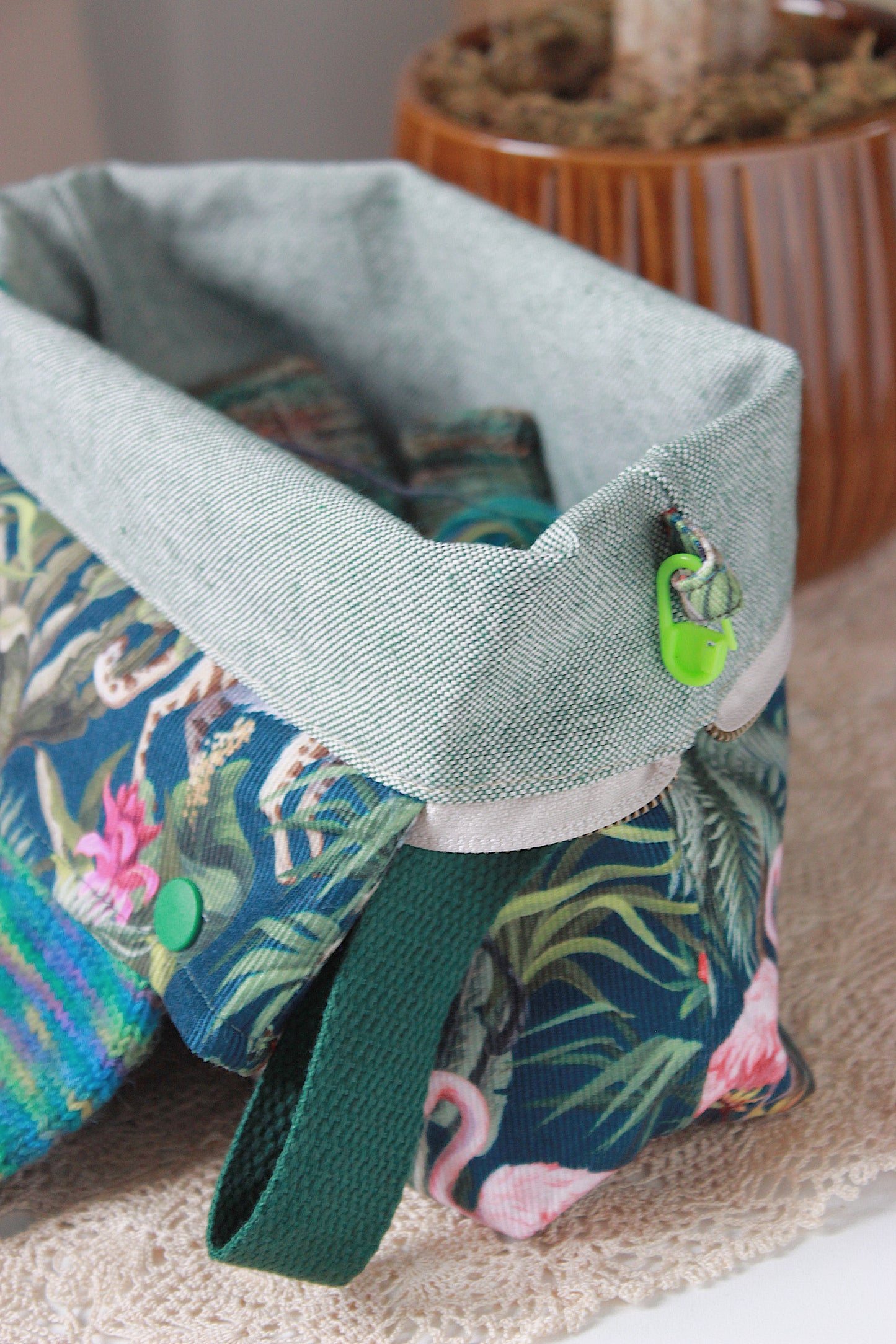 Jungle Print Green Needlecord Knitting Project Bag with Built-in DPN Holder