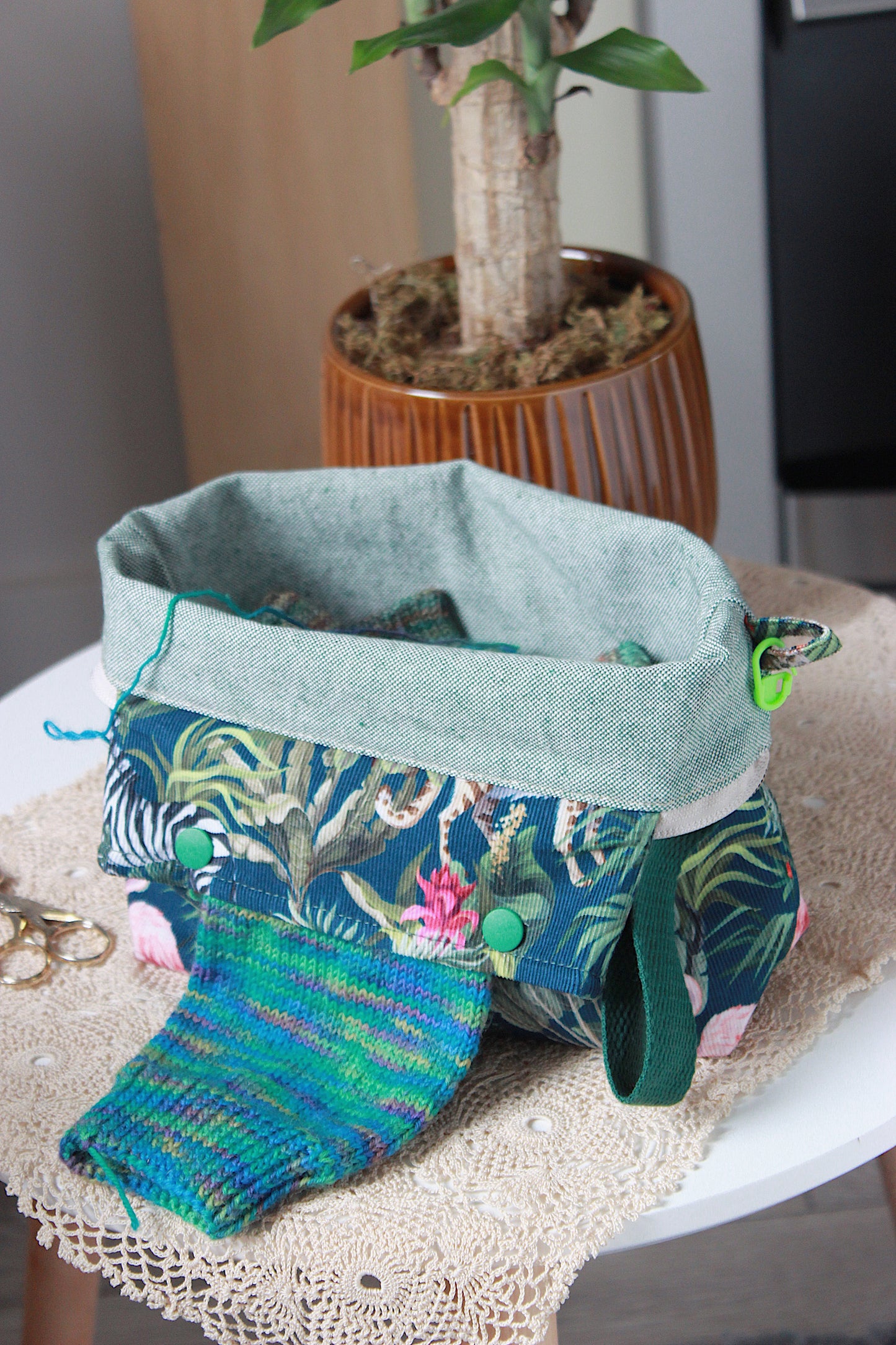 Jungle Print Green Needlecord Knitting Project Bag with Built-in DPN Holder