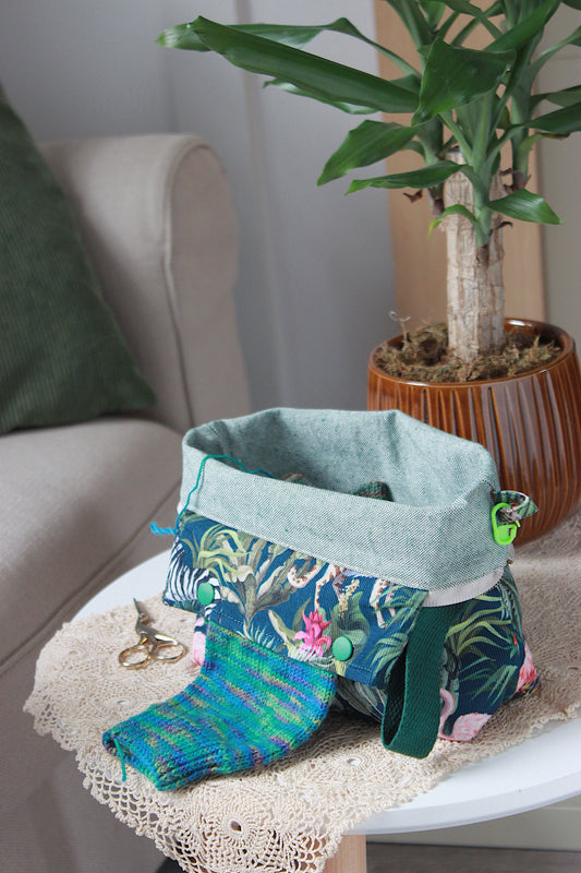 Jungle Print Green Needlecord Knitting Project Bag with Built-in DPN Holder