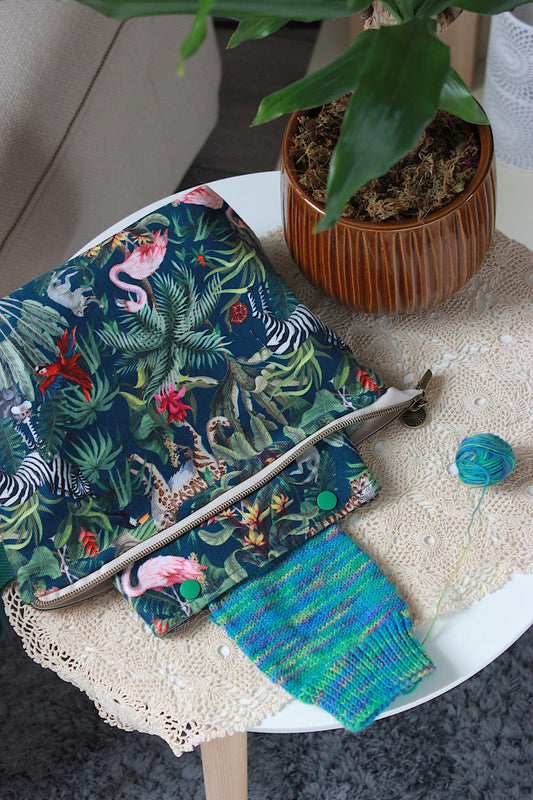 Jungle Print Green Needlecord Knitting Project Bag with Built-in DPN Holder