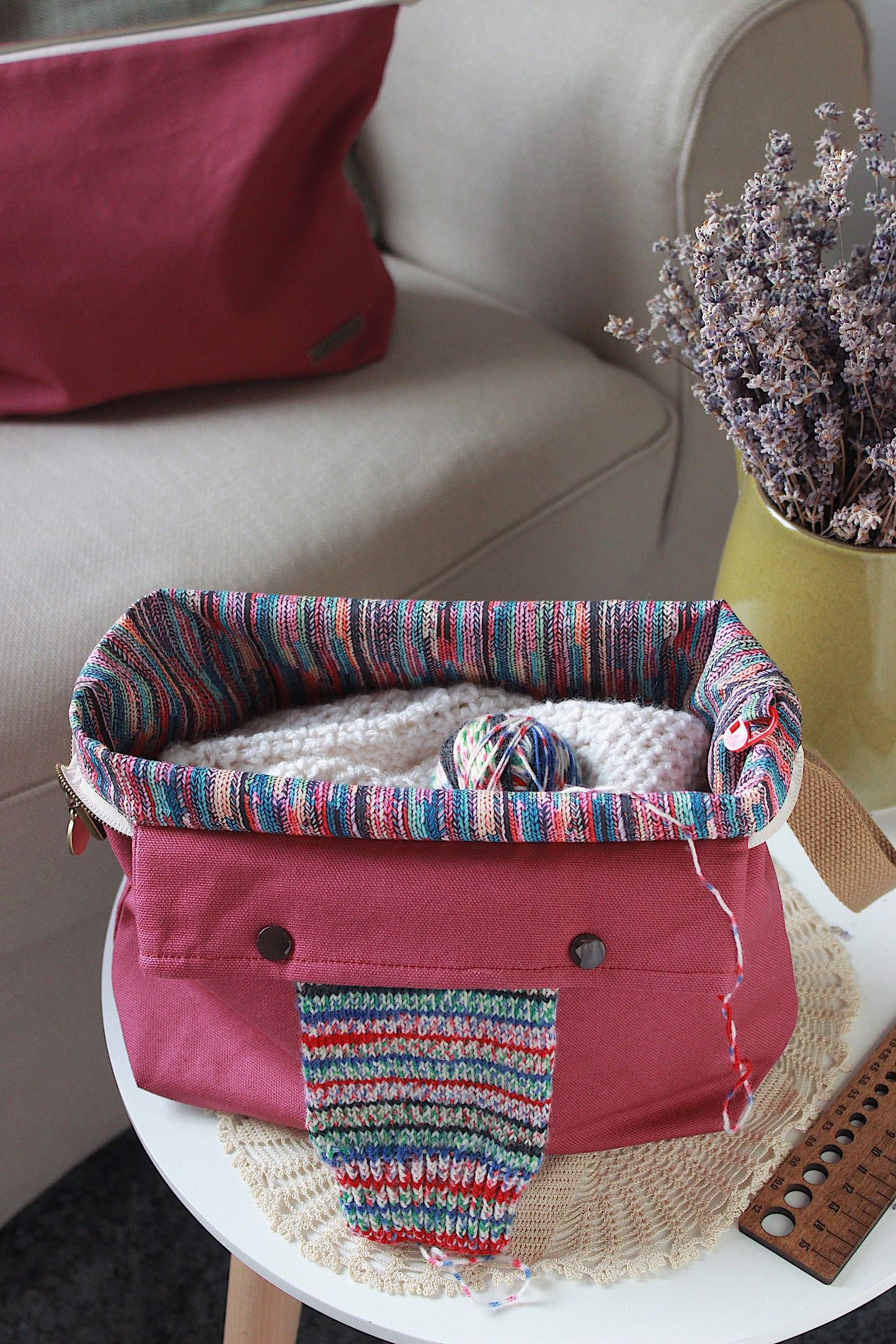 Petunia Panama Canvas Knitting Project Bag with Built-in DPN Holder