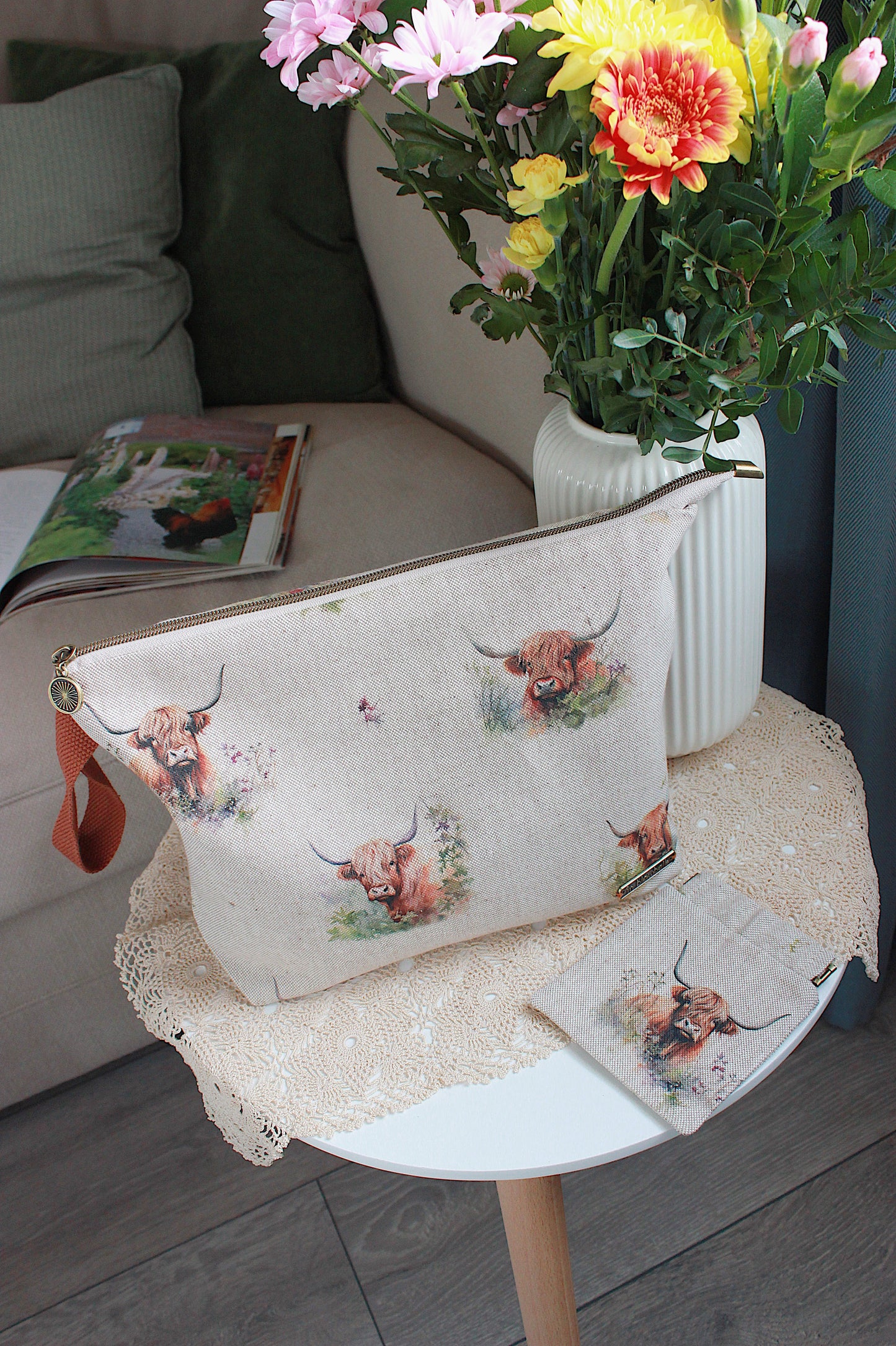 Knitting Project Bag with Built-in 20cm 8” DPN Holder & Matching Squeeze Purse | Highland Cows Printed Digital Canvas Fabric