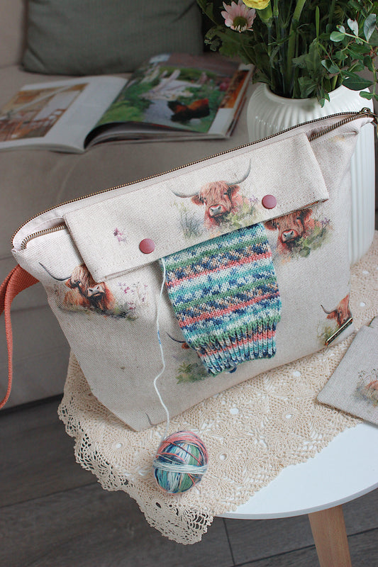 Knitting Project Bag with Built-in 20cm 8” DPN Holder & Matching Squeeze Purse | Highland Cows Printed Digital Canvas Fabric