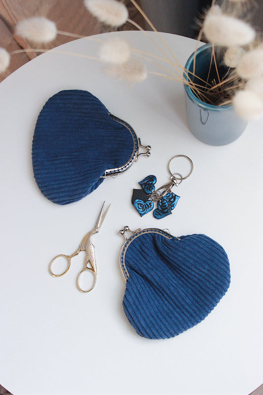 Navy Blue Corduroy Metal Frame Coin Purse