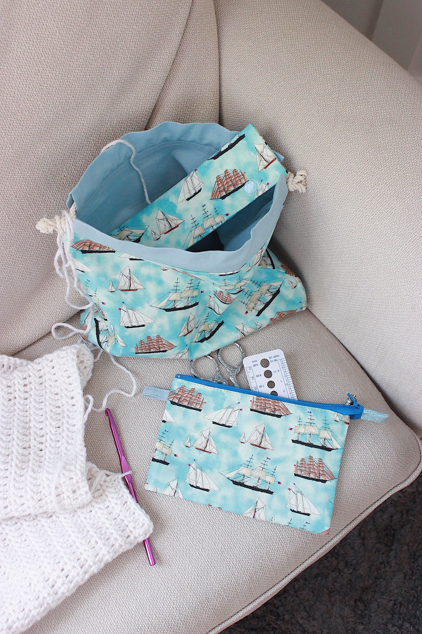 Nautical Project Bag Set - Drawstring Bag + Notions Pouch