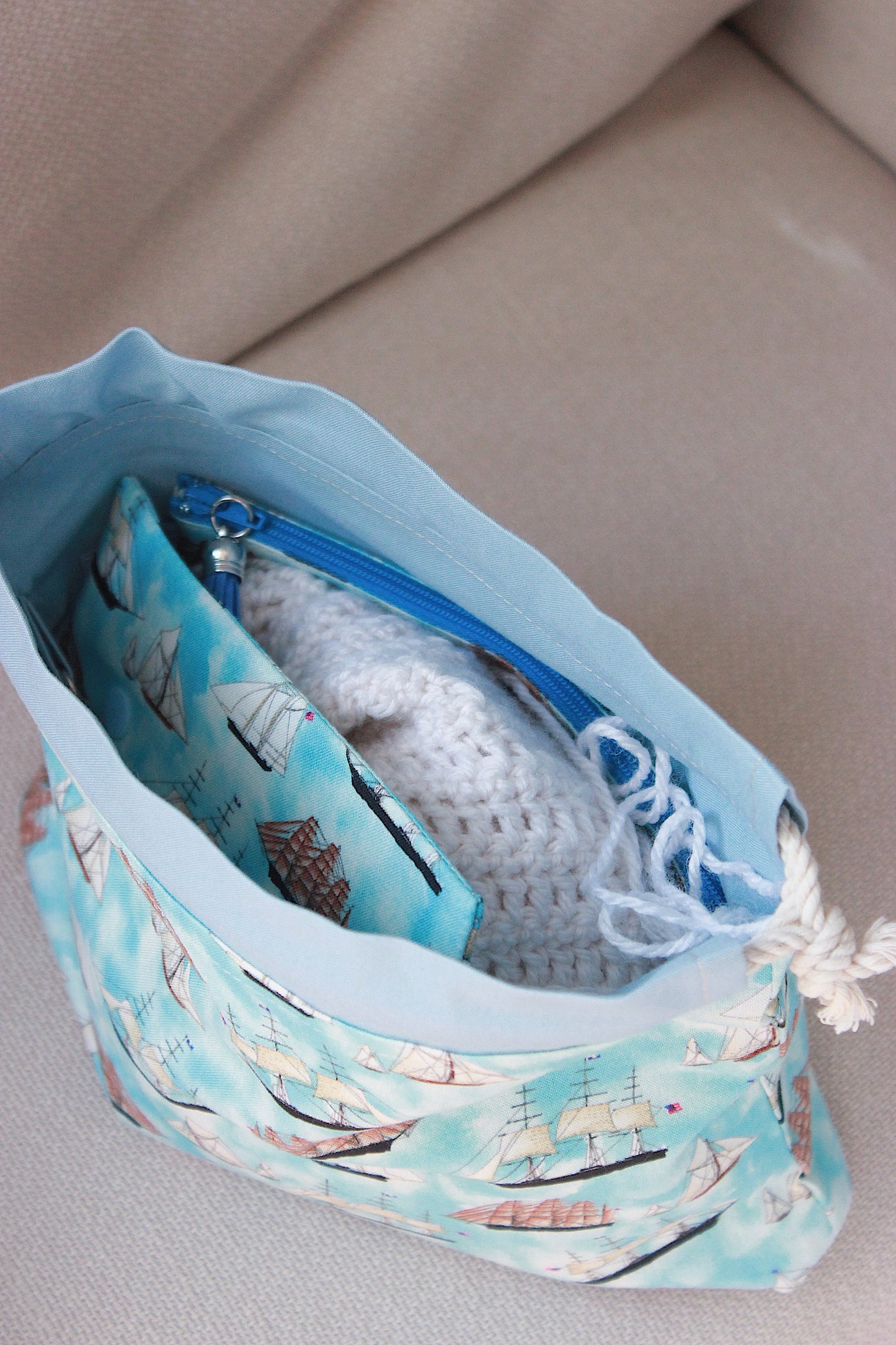 Nautical Project Bag Set - Drawstring Bag + Notions Pouch