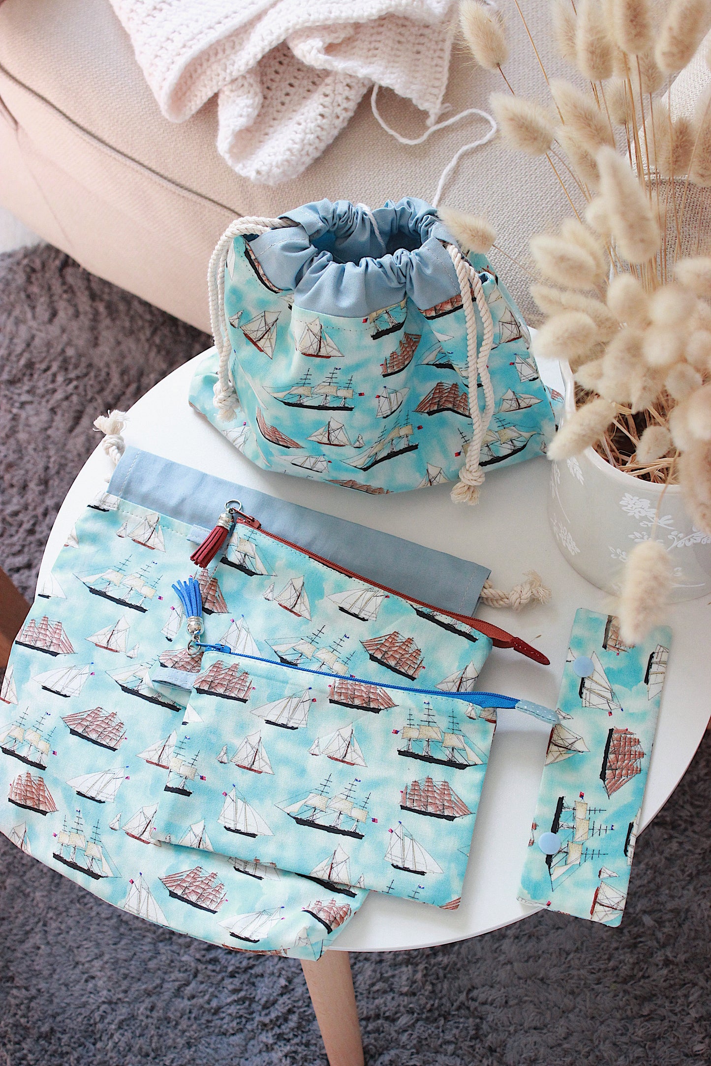 Nautical Project Bag Set - Drawstring Bag + Notions Pouch
