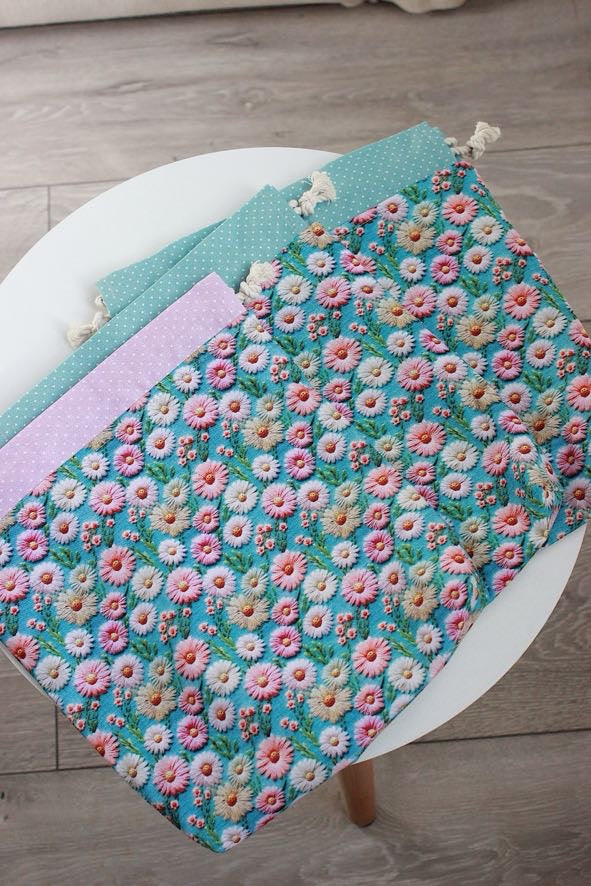 Embroidery Look Floral Drawstring Project Bag