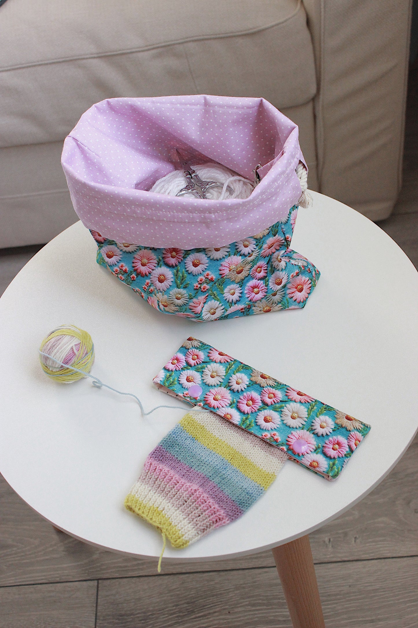 Embroidery Look Floral Drawstring Project Bag