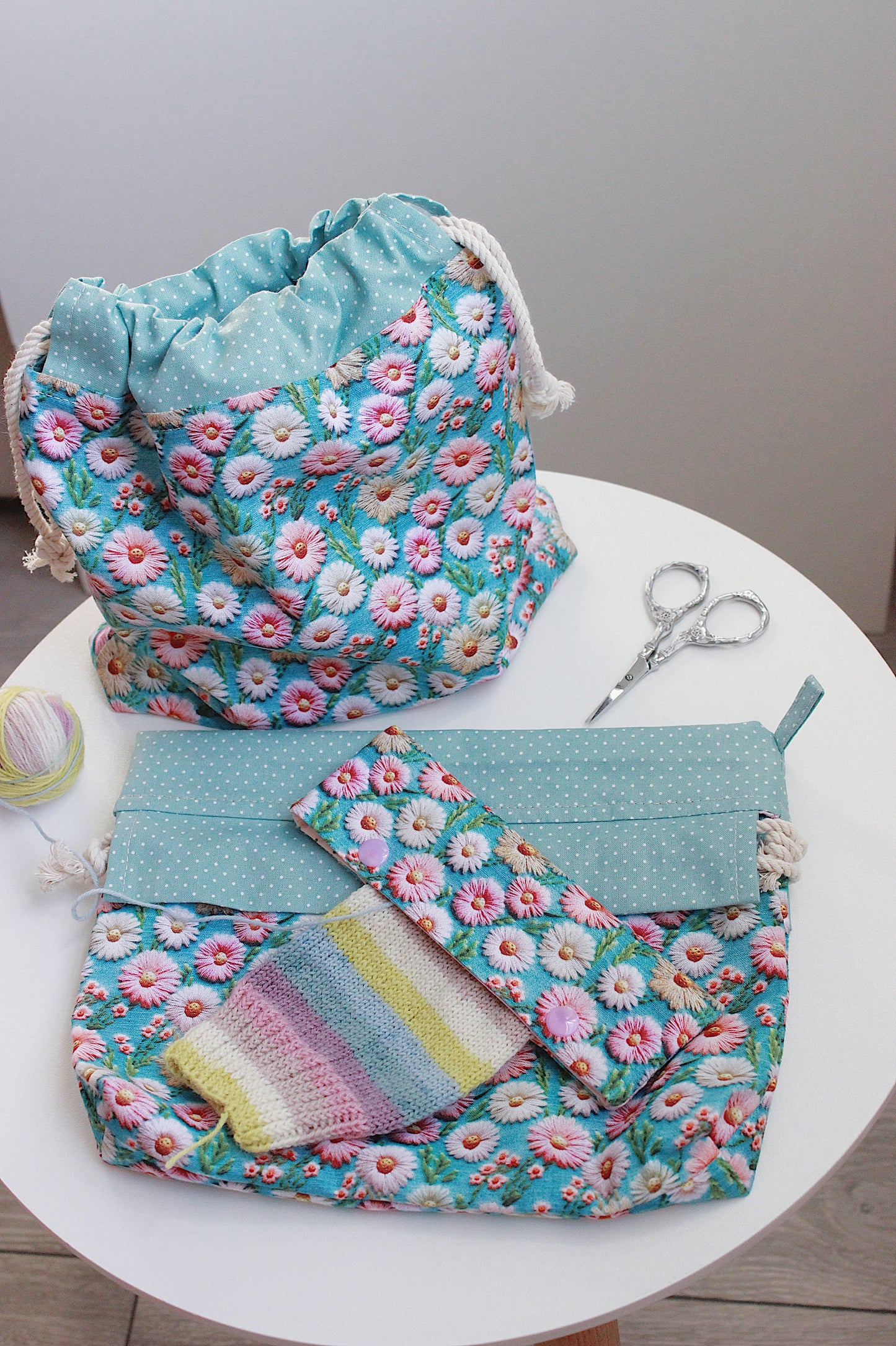 Embroidery Look Floral Drawstring Project Bag