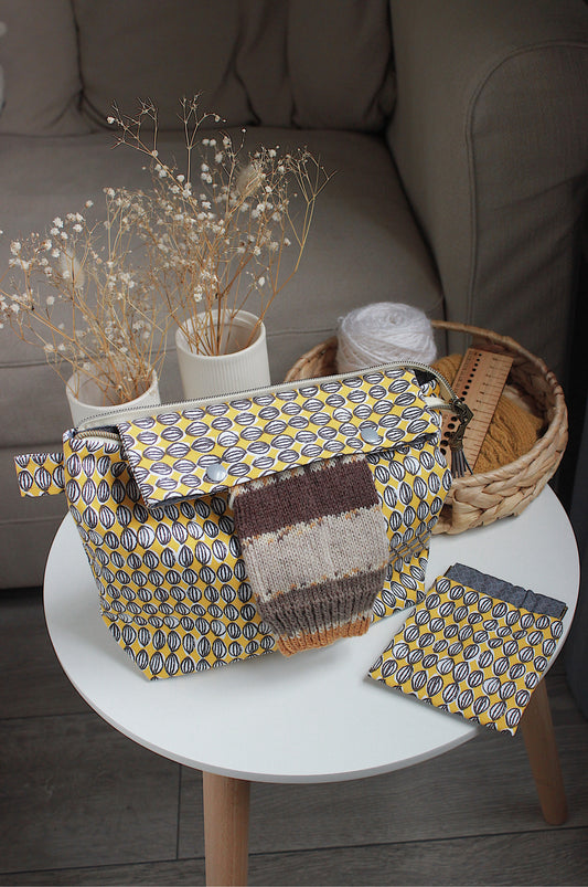 Yellow & Grey Knitting Project Bag with Built-in DPN Holder & Matching Squeeze Purse