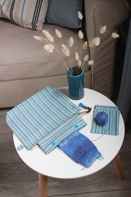 Blue Stripes Knitting Project Bag with Built-in DPN Holder & Matching Squeeze Purse