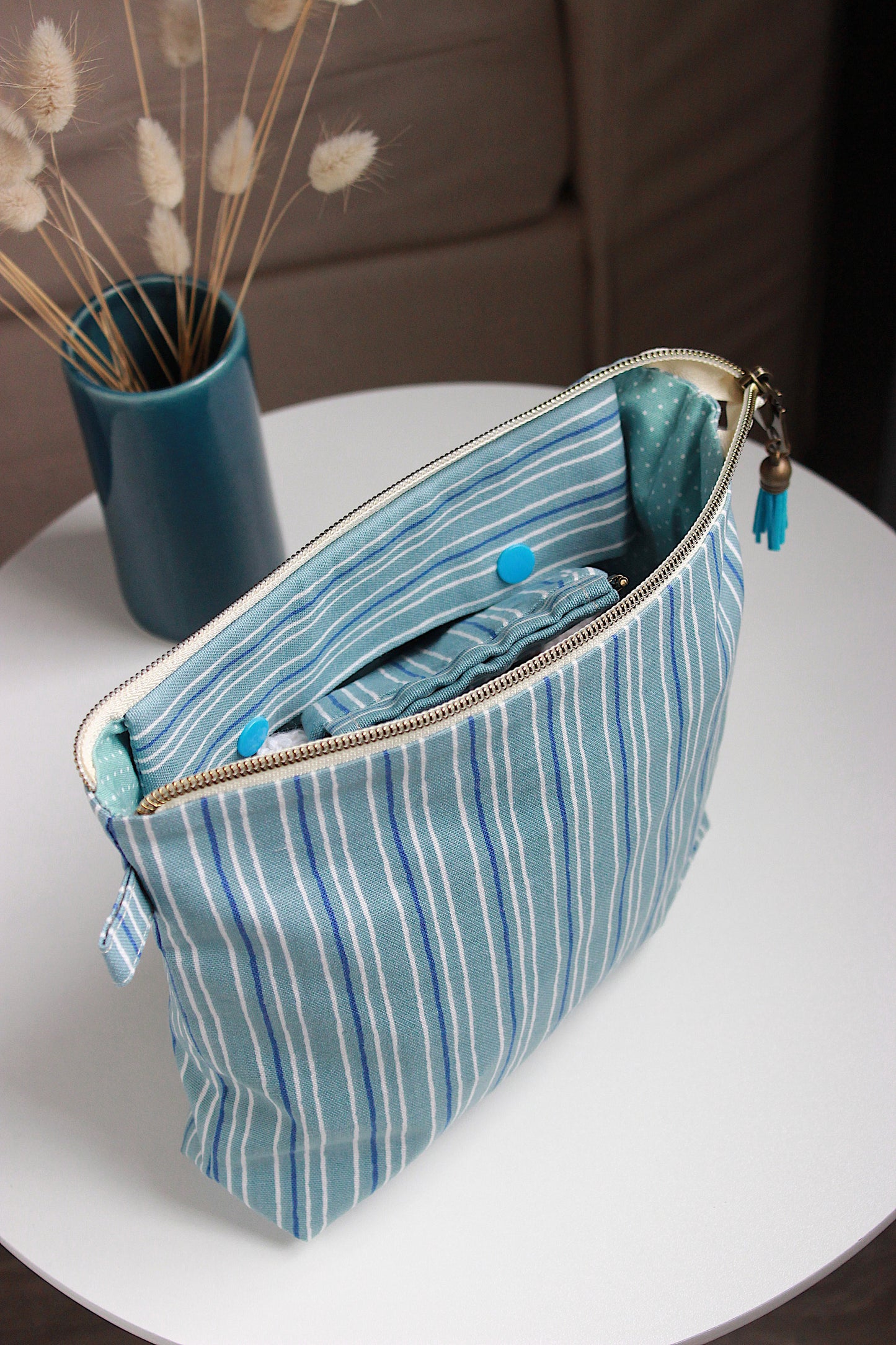 Blue Stripes Knitting Project Bag with Built-in DPN Holder & Matching Squeeze Purse