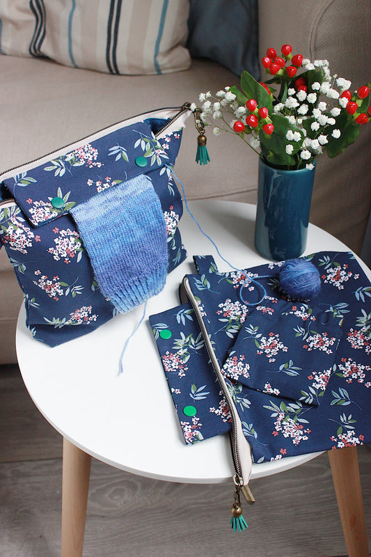 Floral Blue Knitting Project Bag with Built-in DPN Holder & Matching Squeeze Purse