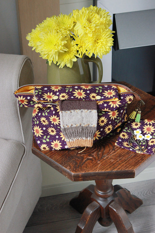 Yellow Flowers Knitting Project Bag with Built-in DPN Holder & Matching Squeeze Purse