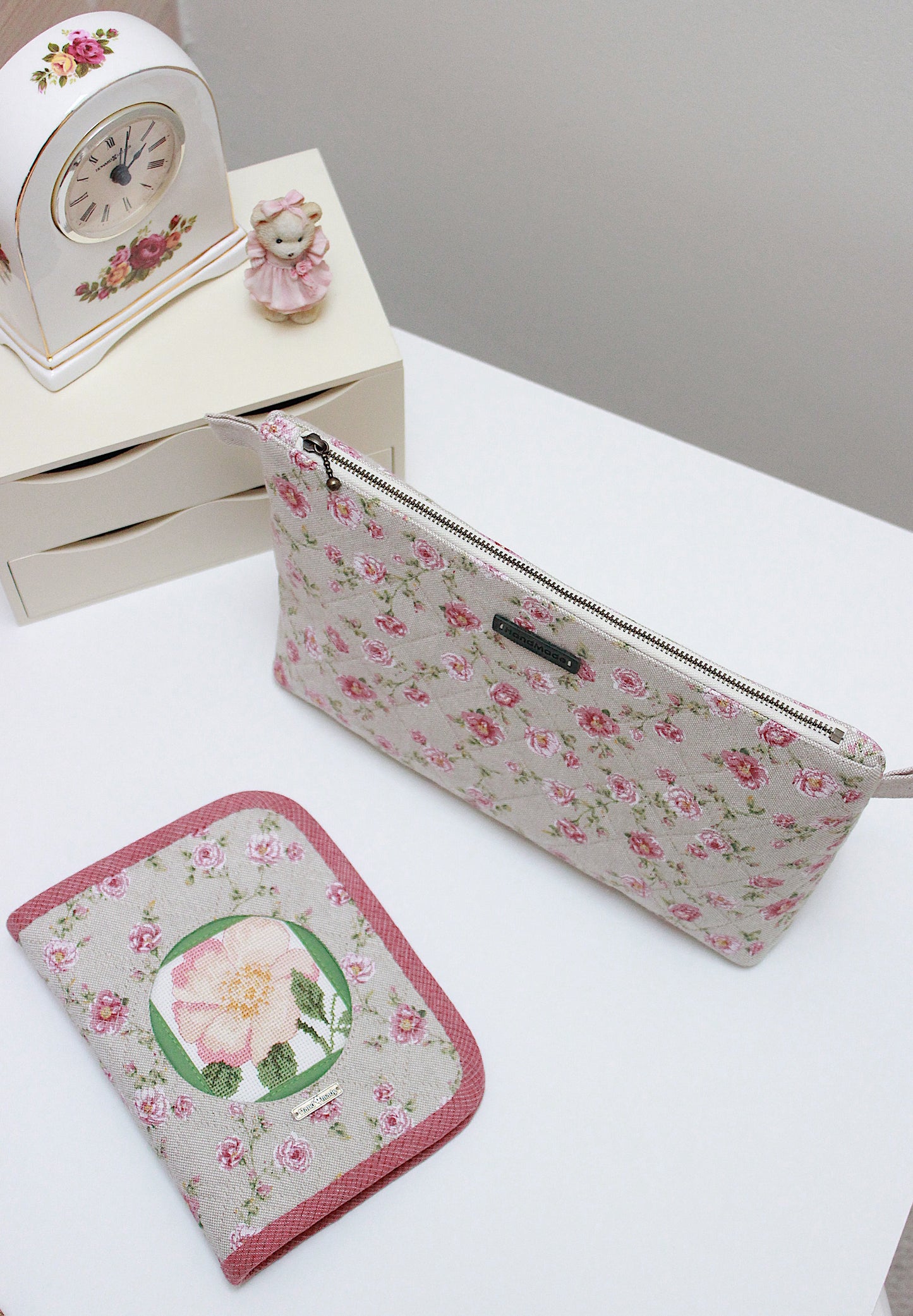 Pink Roses Canvas Project Bag & Knitting Needle Case