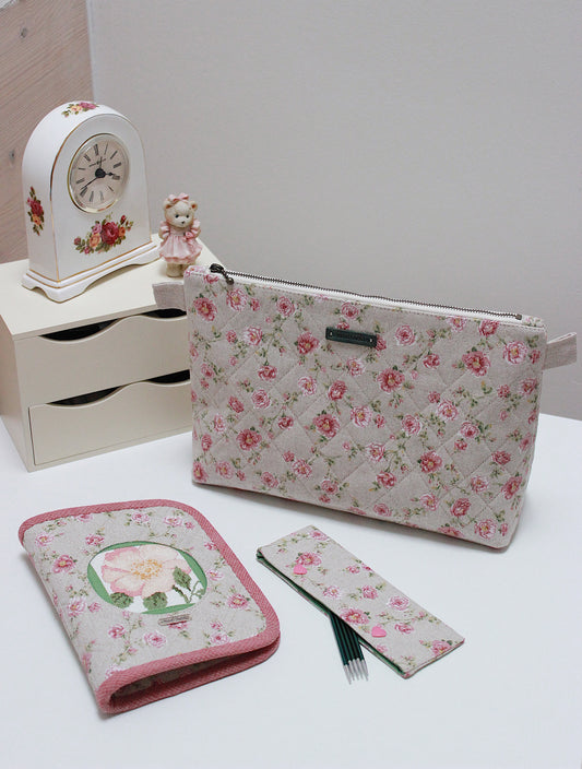 Pink Roses Canvas Project Bag & Knitting Needle Case