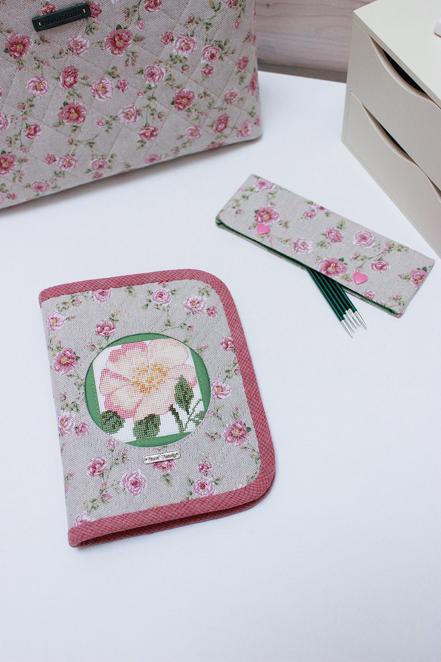 Pink Roses Canvas Project Bag & Knitting Needle Case