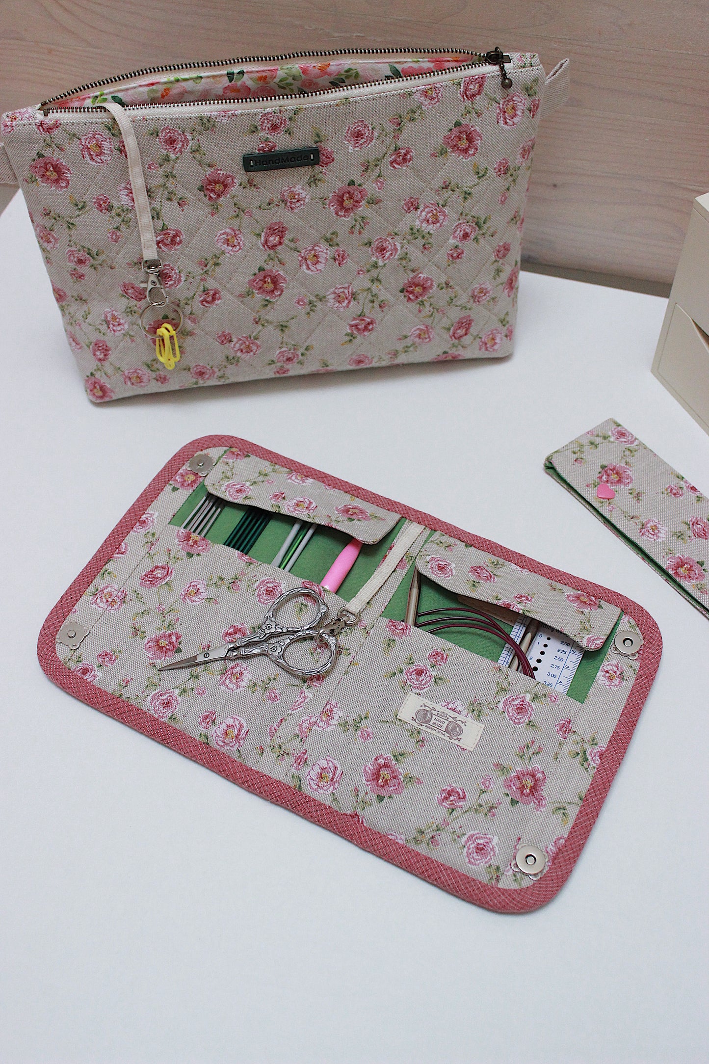 Pink Roses Canvas Project Bag & Knitting Needle Case