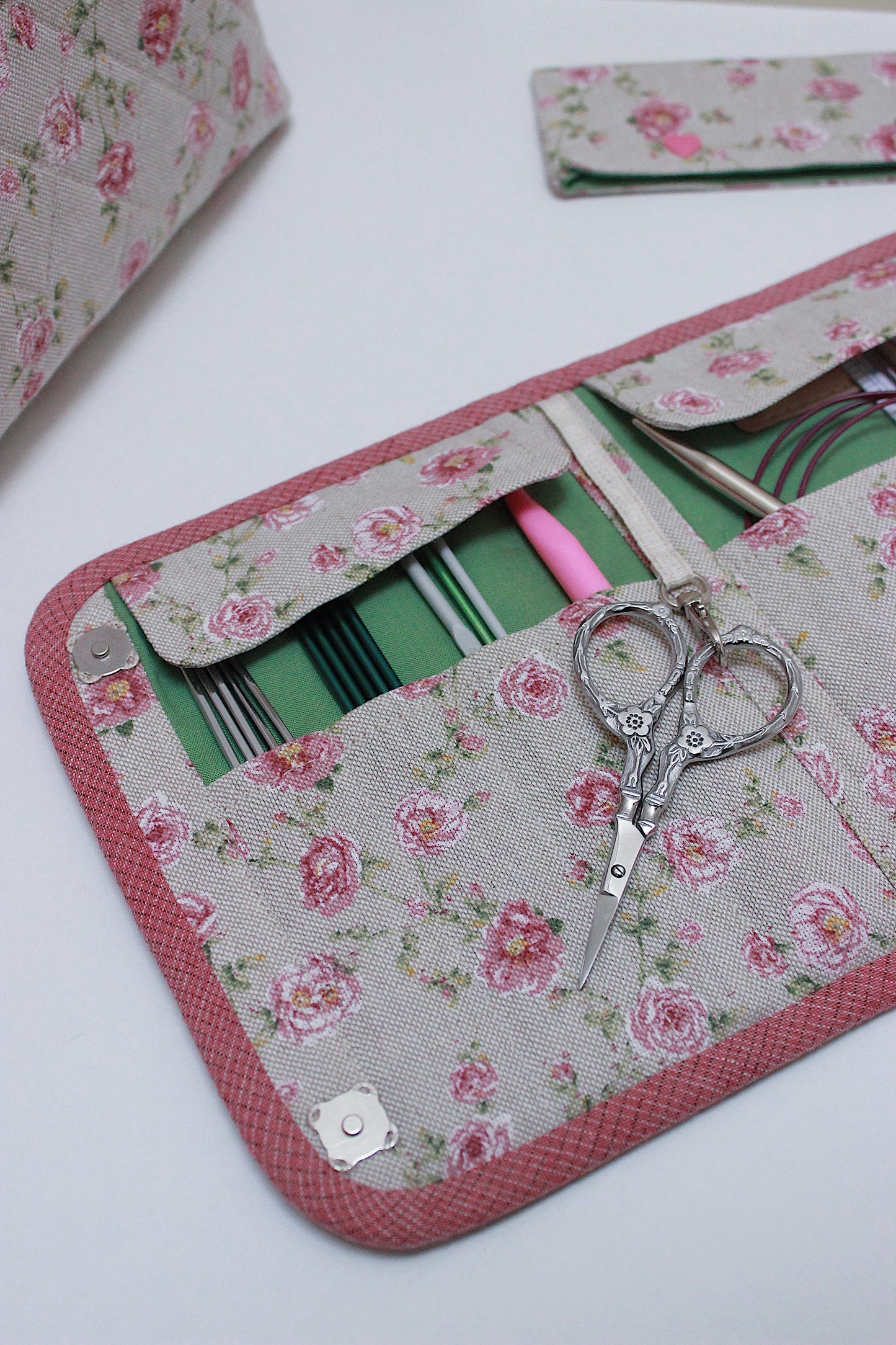 Pink Roses Canvas Project Bag & Knitting Needle Case