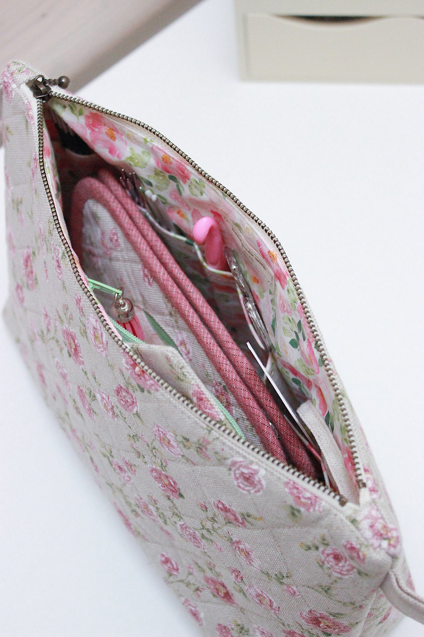 Pink Roses Canvas Project Bag & Knitting Needle Case