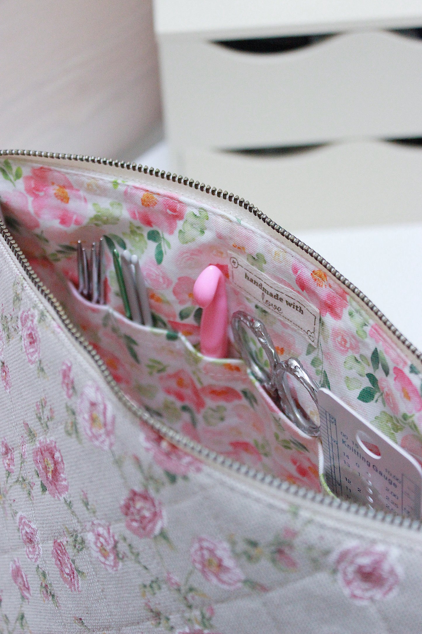 Pink Roses Canvas Project Bag & Knitting Needle Case