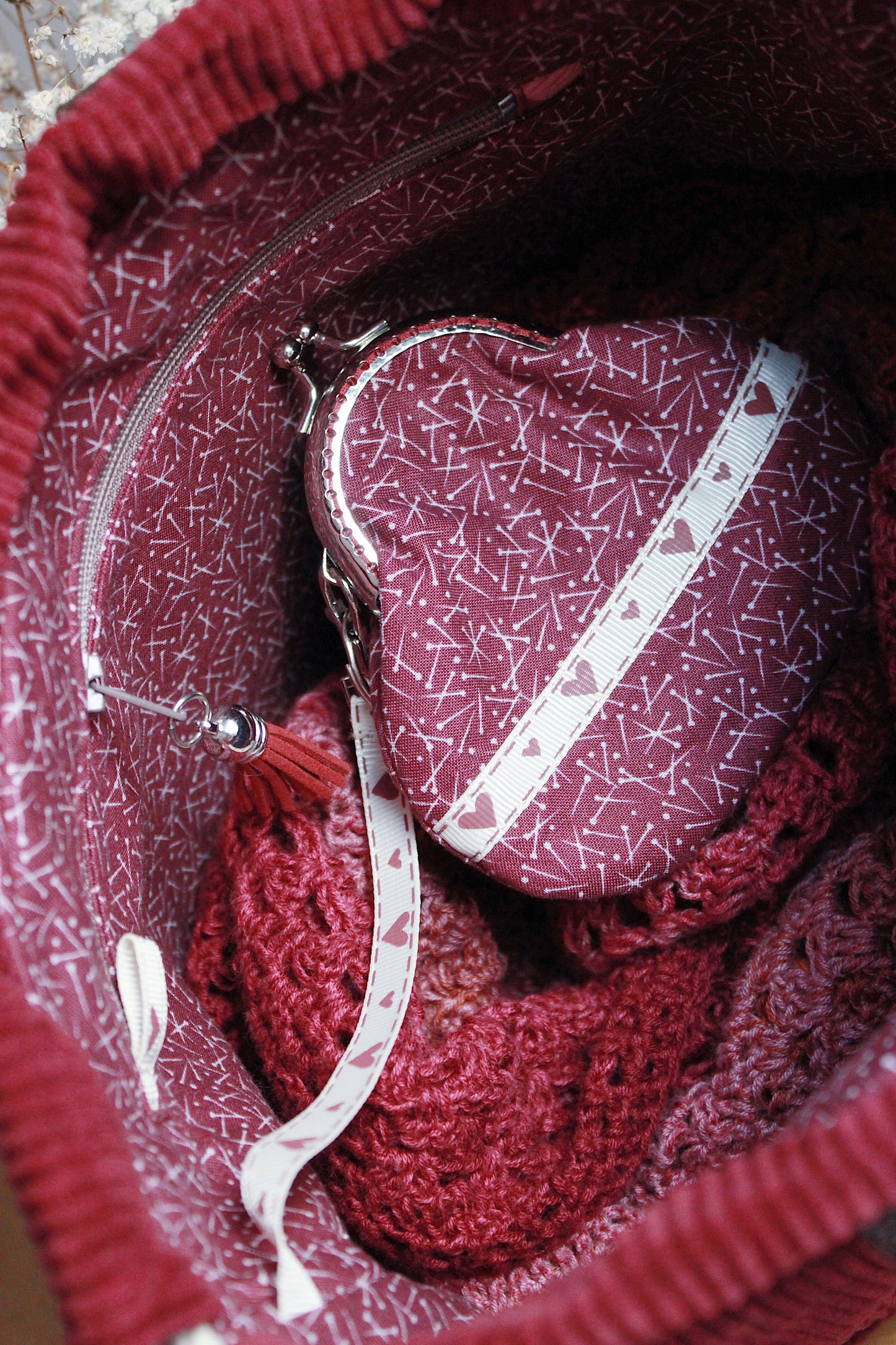 Burgundy Corduroy Project Bag, Zipper Pouch, Metal Frame Purse & Holder