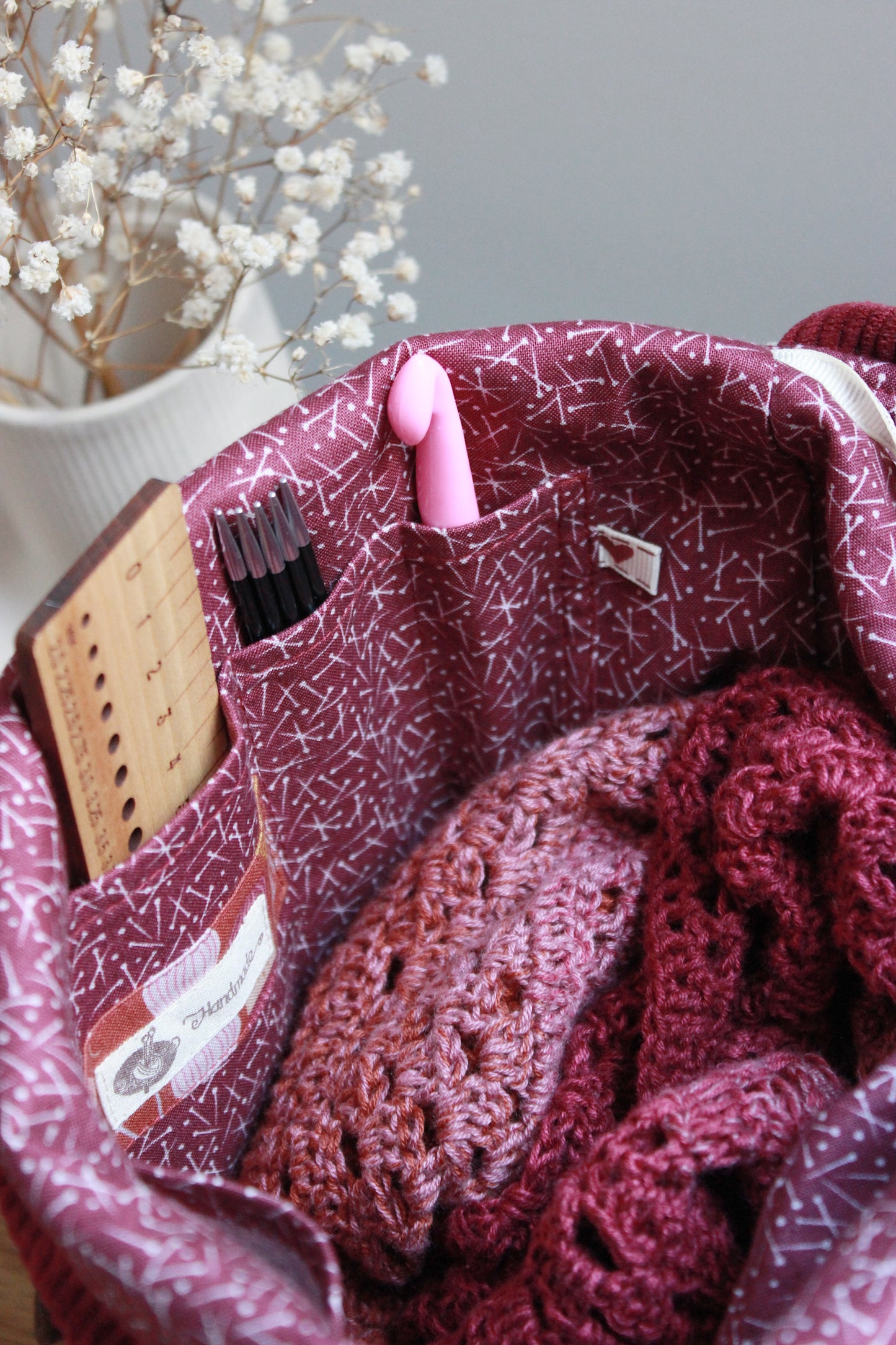 Burgundy Corduroy Project Bag, Zipper Pouch, Metal Frame Purse & Holder