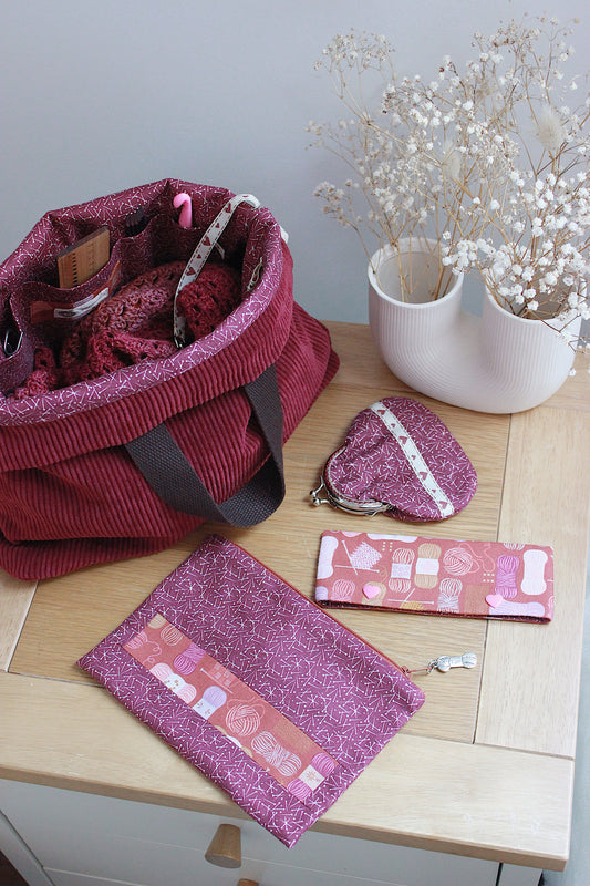 Burgundy Corduroy Project Bag, Zipper Pouch, Metal Frame Purse & Holder