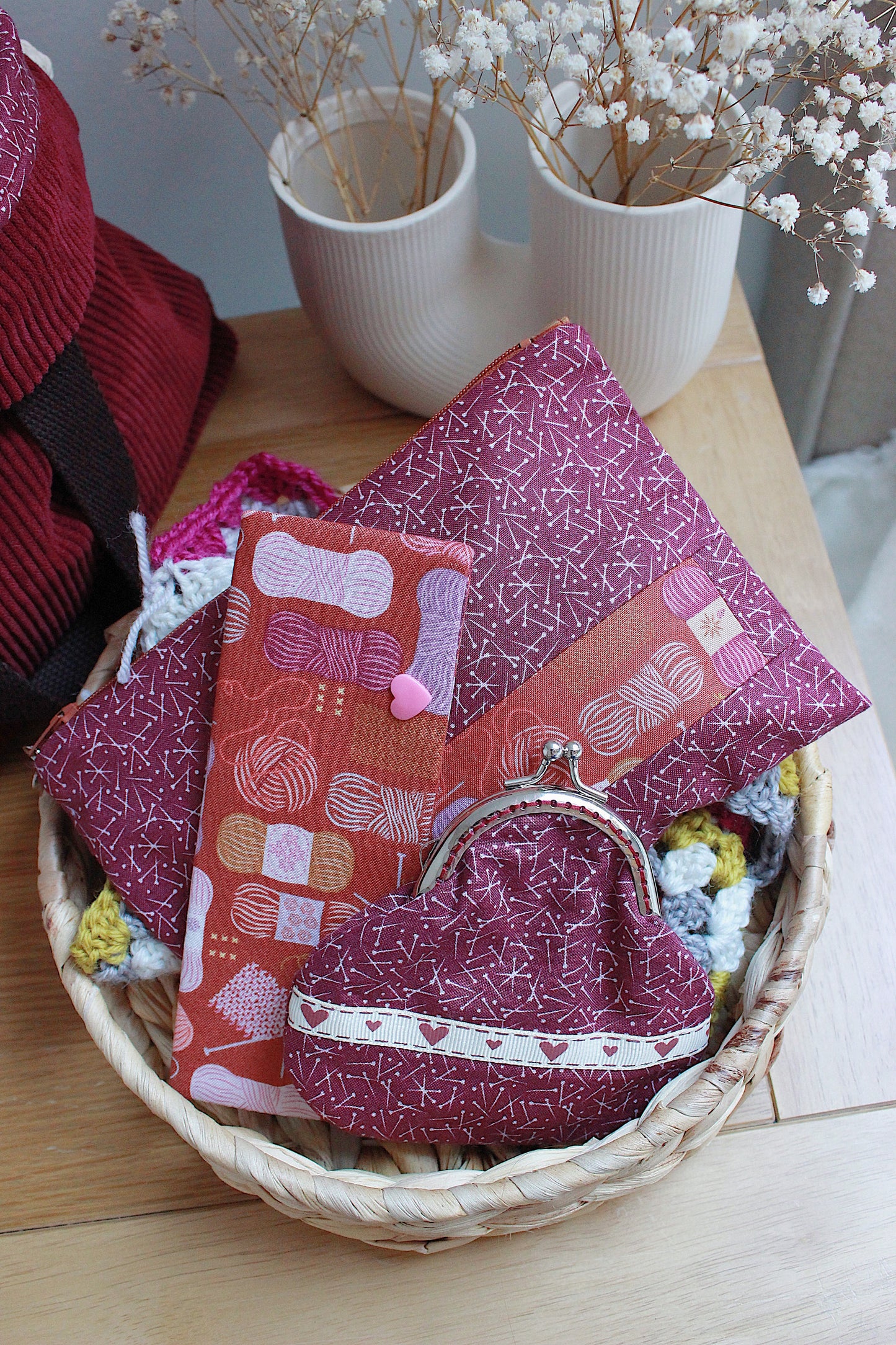 Burgundy Corduroy Project Bag, Zipper Pouch, Metal Frame Purse & Holder