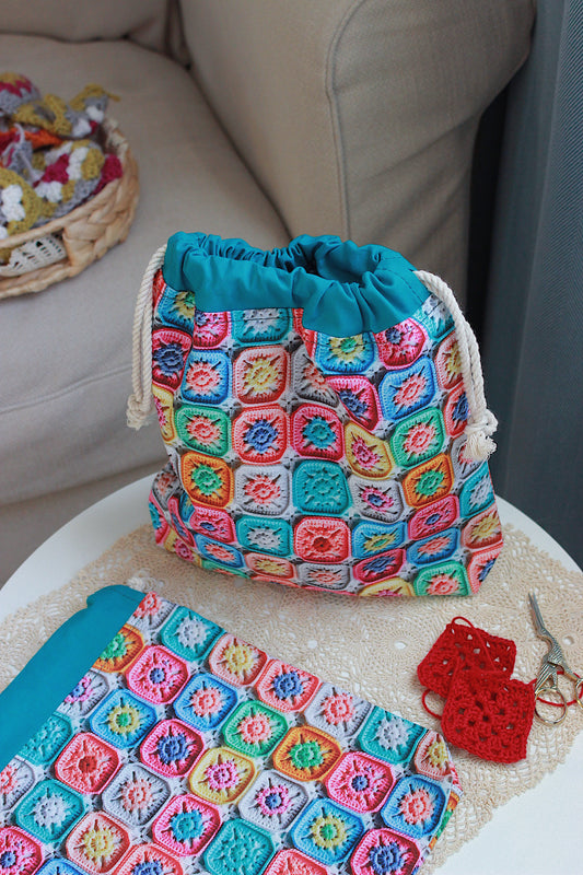 Vibrant 3D Look Granny Squares Drawstring Project Bag