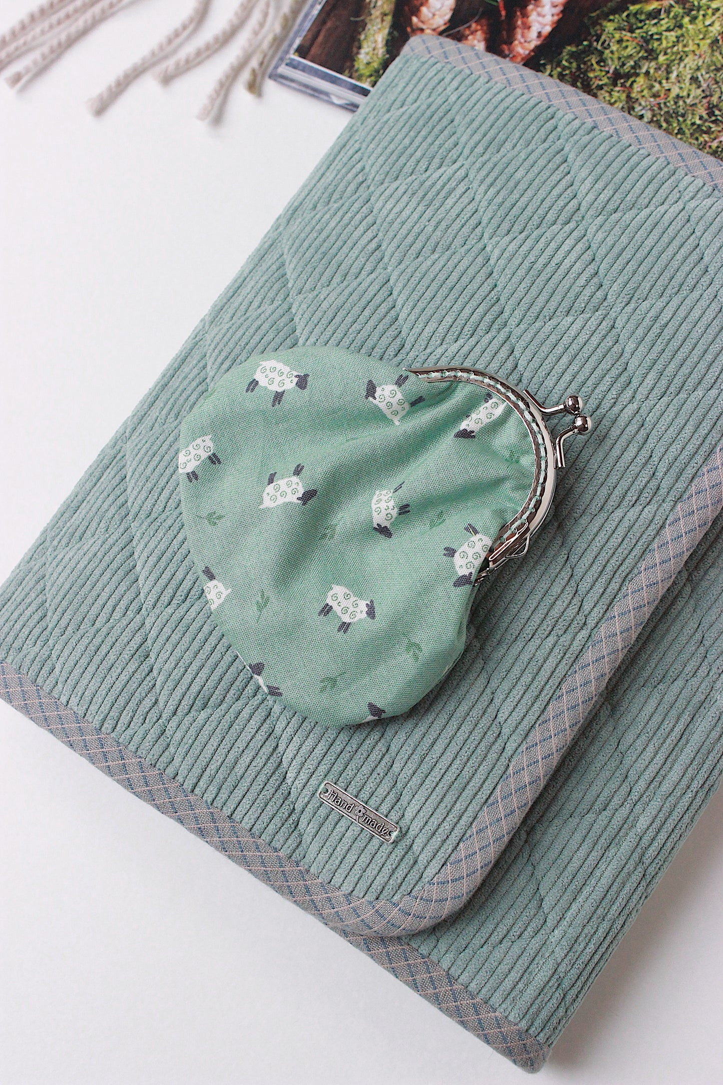 Mint Green Corduroy Knitting Needle Case & Metal Frame Purse