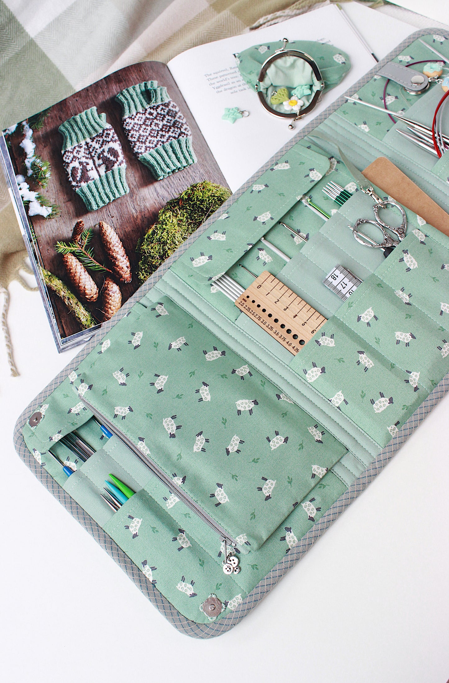 Mint Green Corduroy Knitting Needle Case & Metal Frame Purse