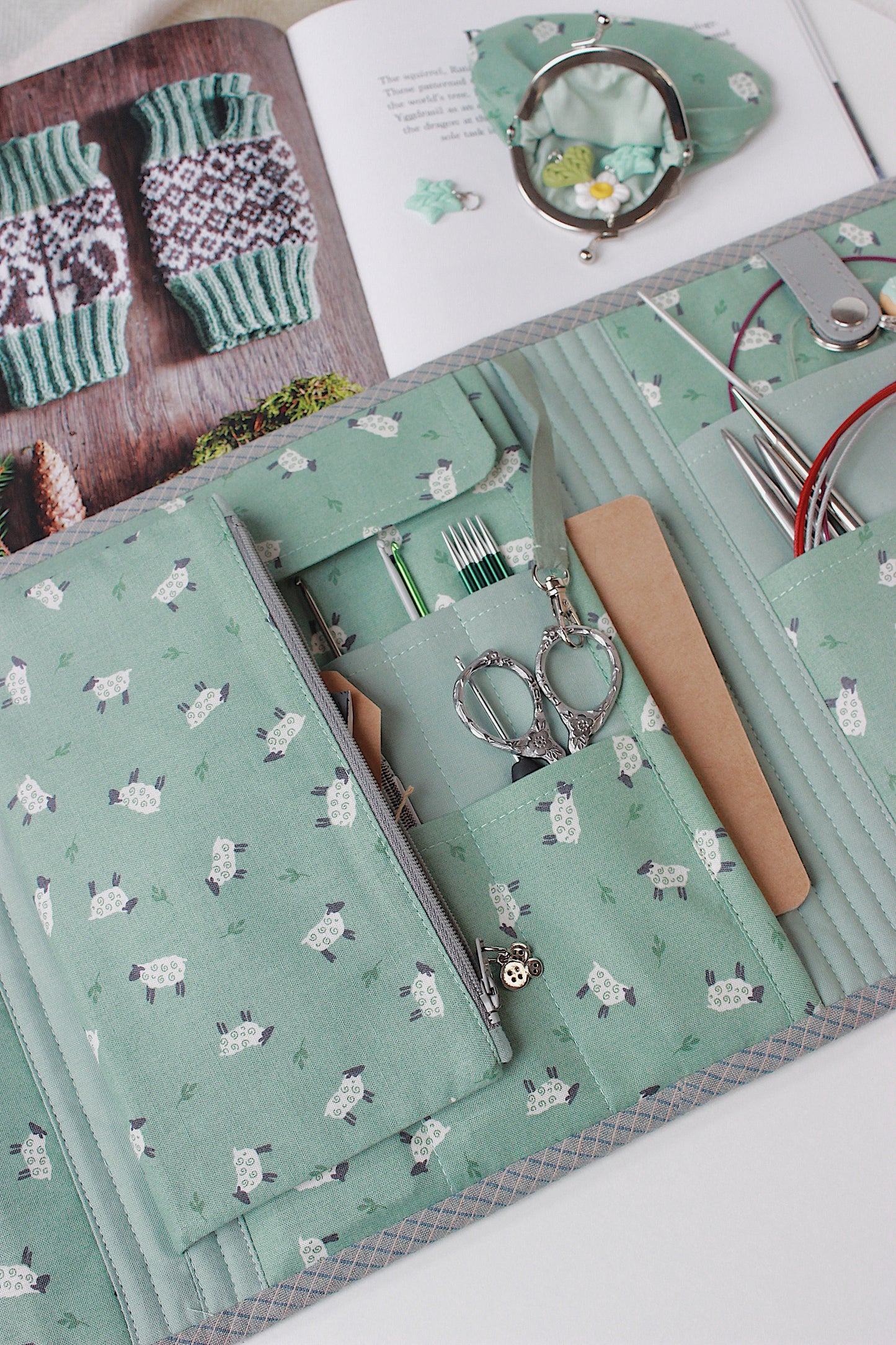 Mint Green Corduroy Knitting Needle Case & Metal Frame Purse