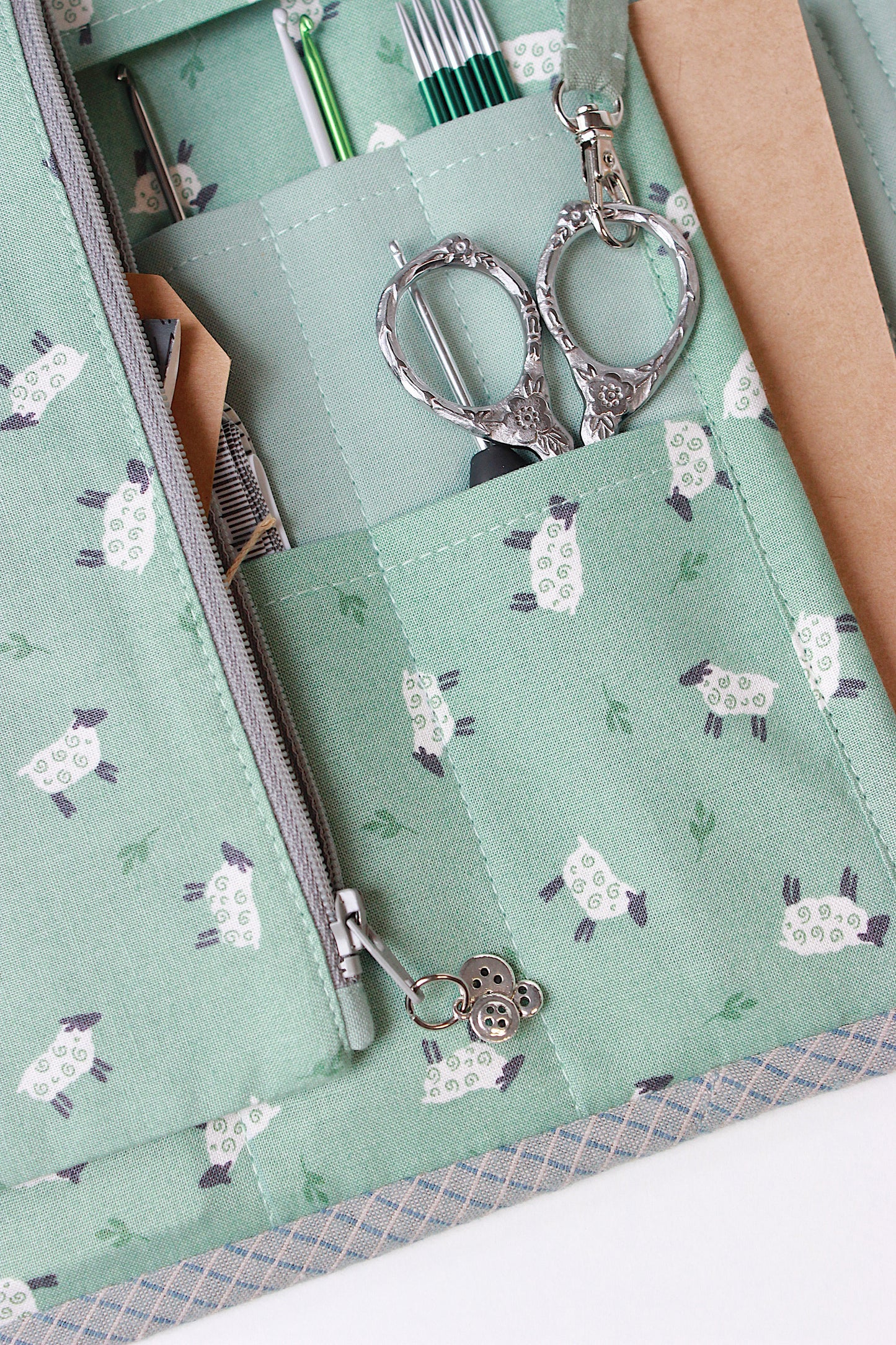 Mint Green Corduroy Knitting Needle Case & Metal Frame Purse