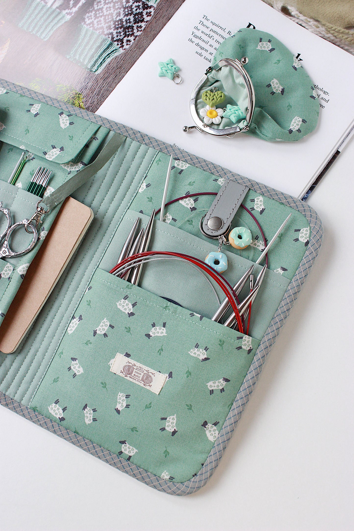 Mint Green Corduroy Knitting Needle Case & Metal Frame Purse