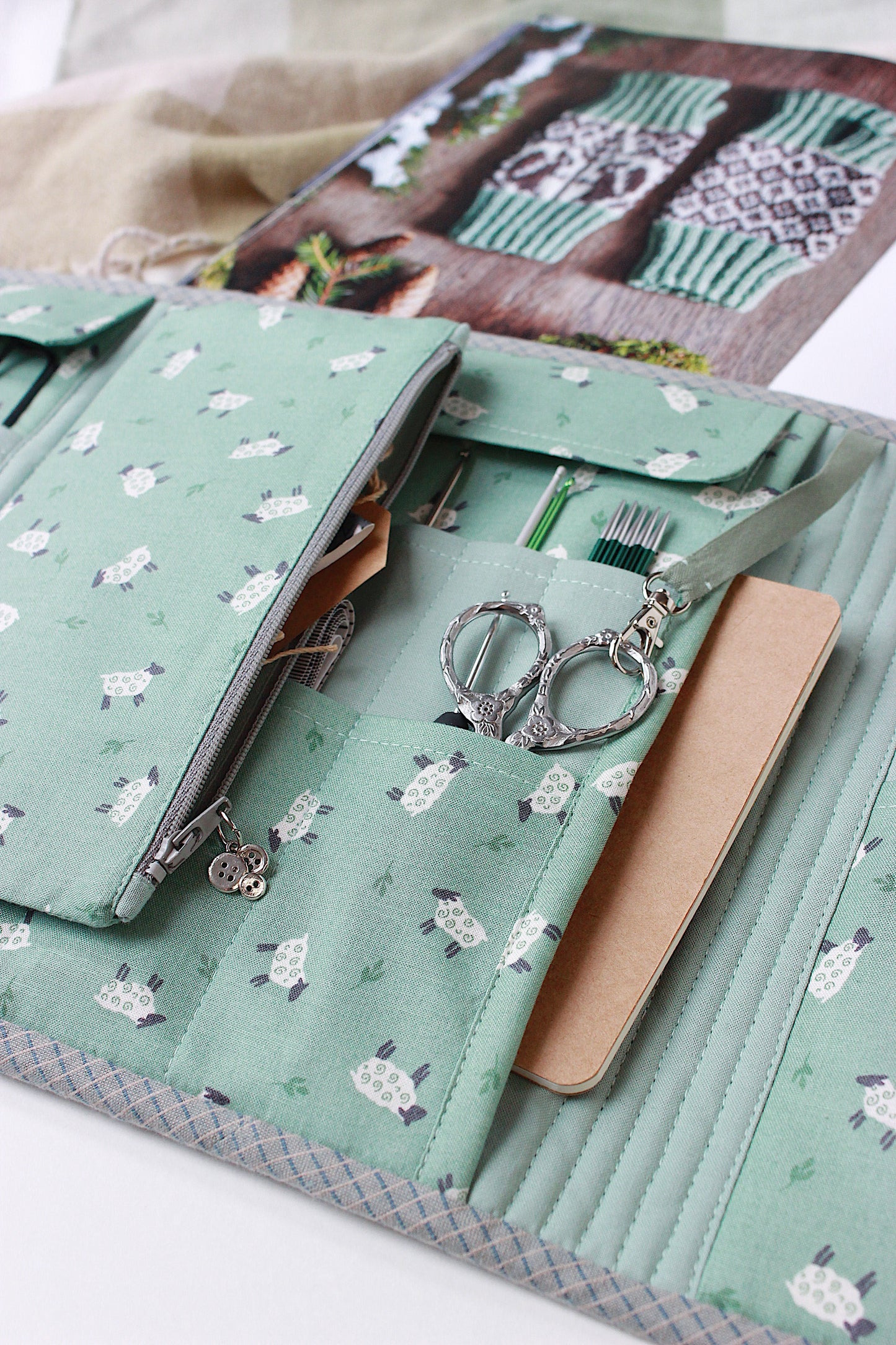 Mint Green Corduroy Knitting Needle Case & Metal Frame Purse