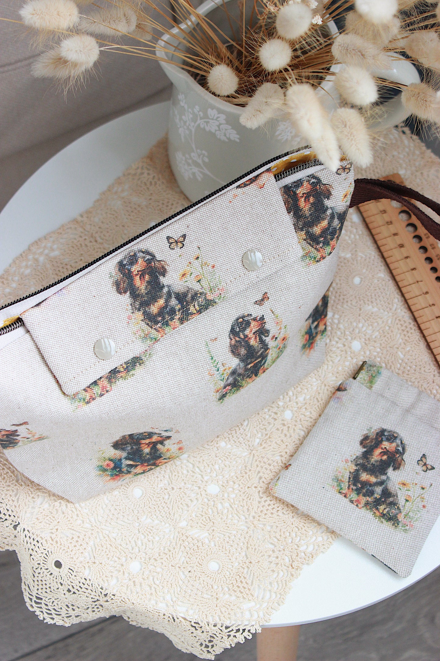 Handmade To Order Knitting Project Bag with Built-in DPN Holder & Matching Squeeze Purse – “Dachshund & Butterfly” Print | Printed Digital Canvas Fabric | Mustard Dot Lining