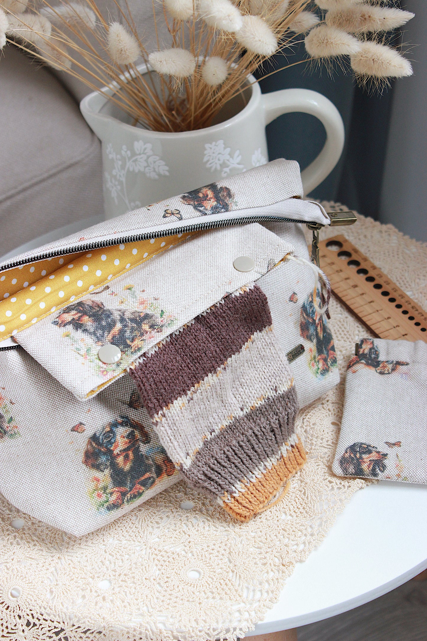 Handmade To Order Knitting Project Bag with Built-in DPN Holder & Matching Squeeze Purse – “Dachshund & Butterfly” Print | Printed Digital Canvas Fabric | Mustard Dot Lining
