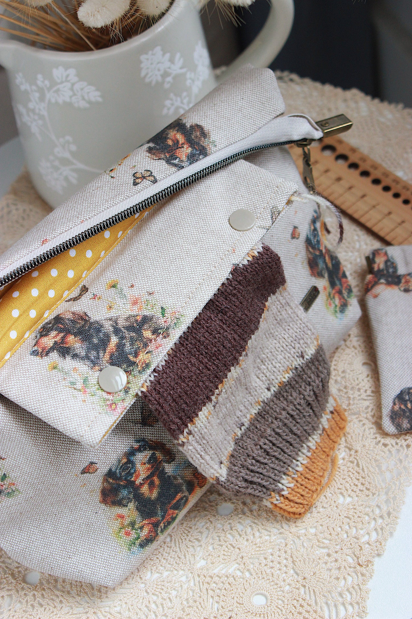 Handmade To Order Knitting Project Bag with Built-in DPN Holder & Matching Squeeze Purse – “Dachshund & Butterfly” Print | Printed Digital Canvas Fabric | Mustard Dot Lining