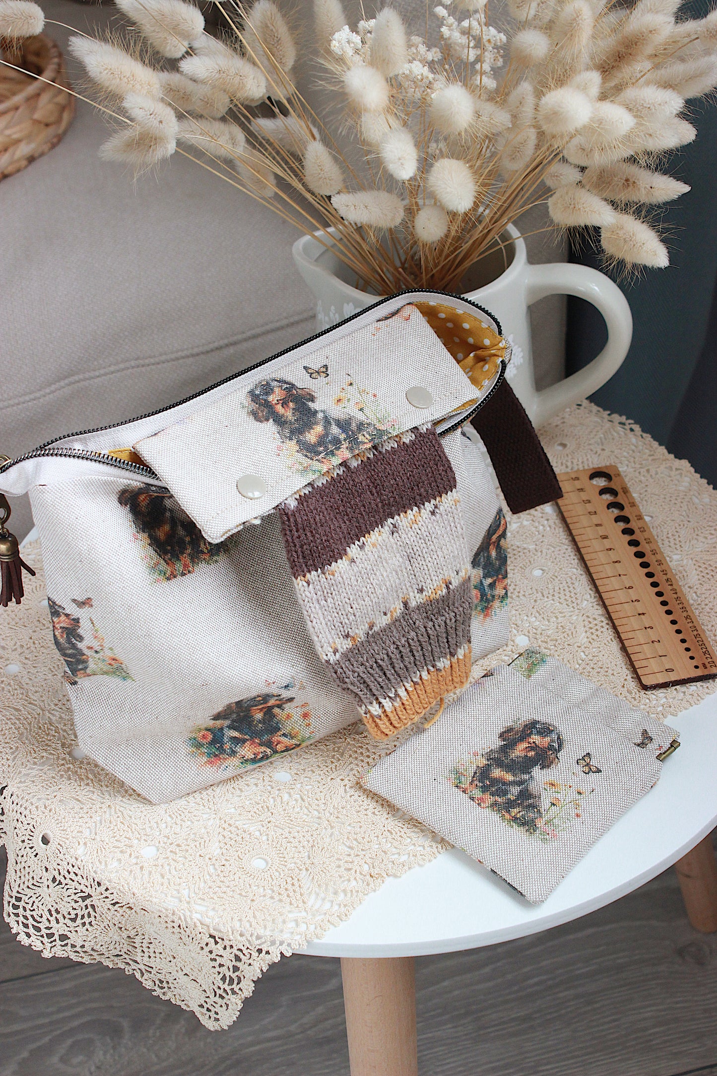 Handmade To Order Knitting Project Bag with Built-in DPN Holder & Matching Squeeze Purse – “Dachshund & Butterfly” Print | Printed Digital Canvas Fabric | Mustard Dot Lining