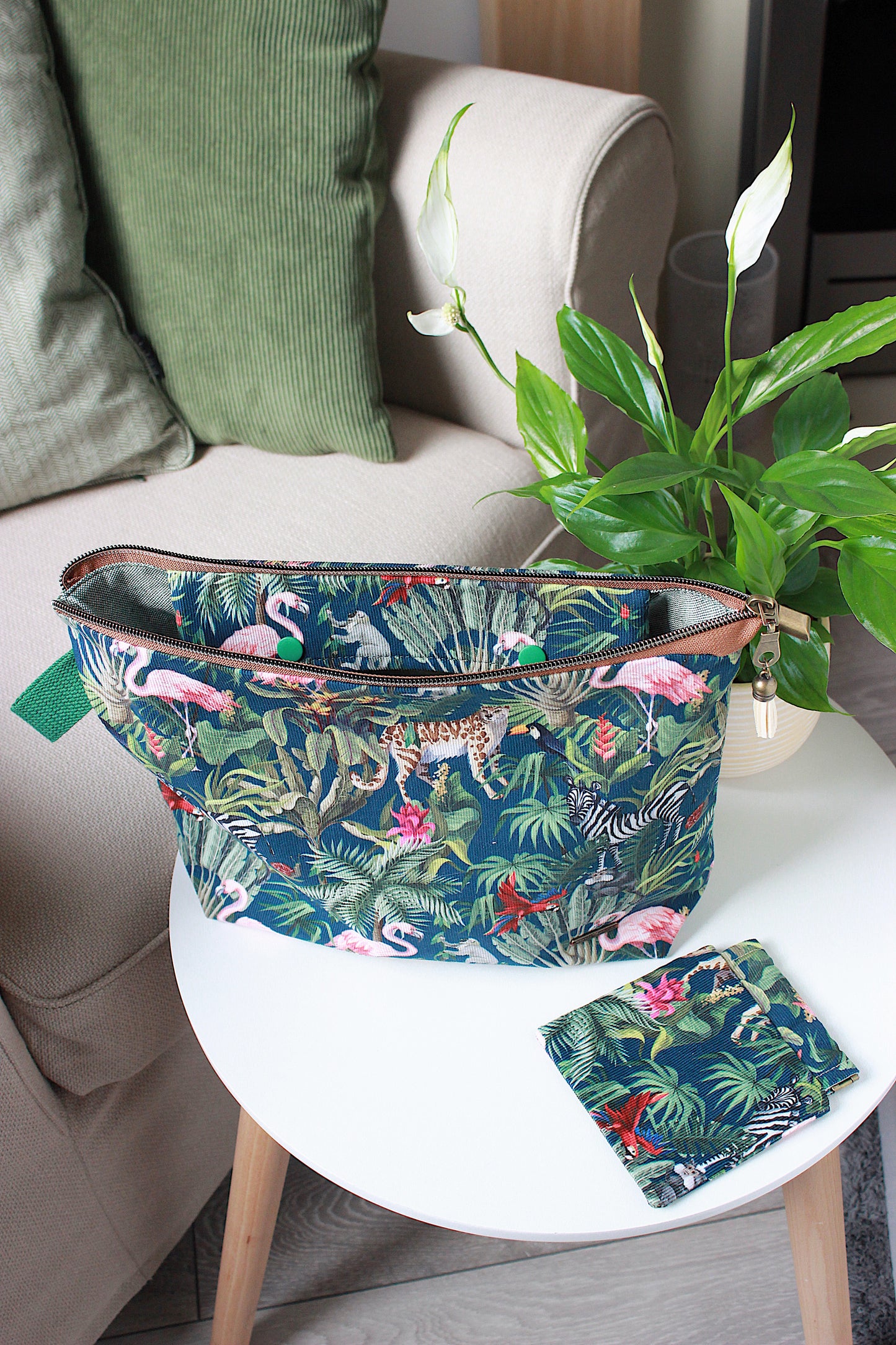 Jungle Print Green Needlecord Knitting Project Bag with Built-in DPN Holder & Matching Squeeze Purse